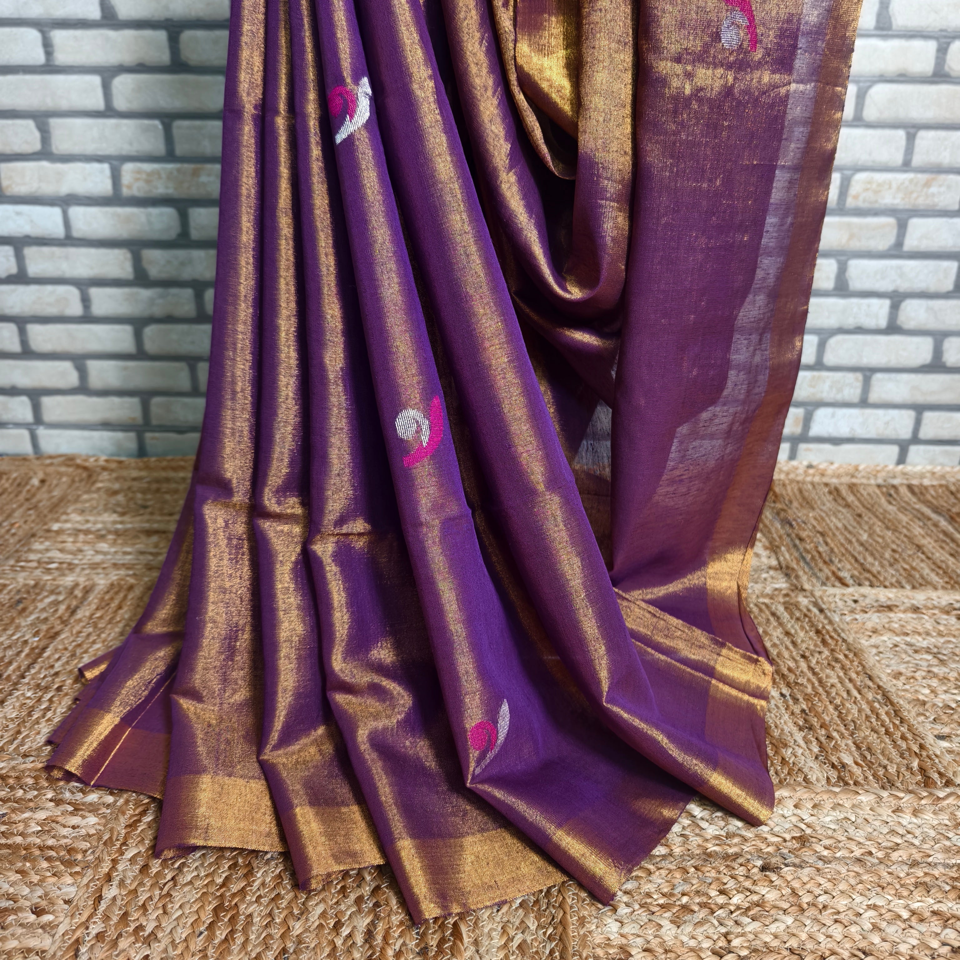 Purple Linen Saree with Pink-Silver Jamdani