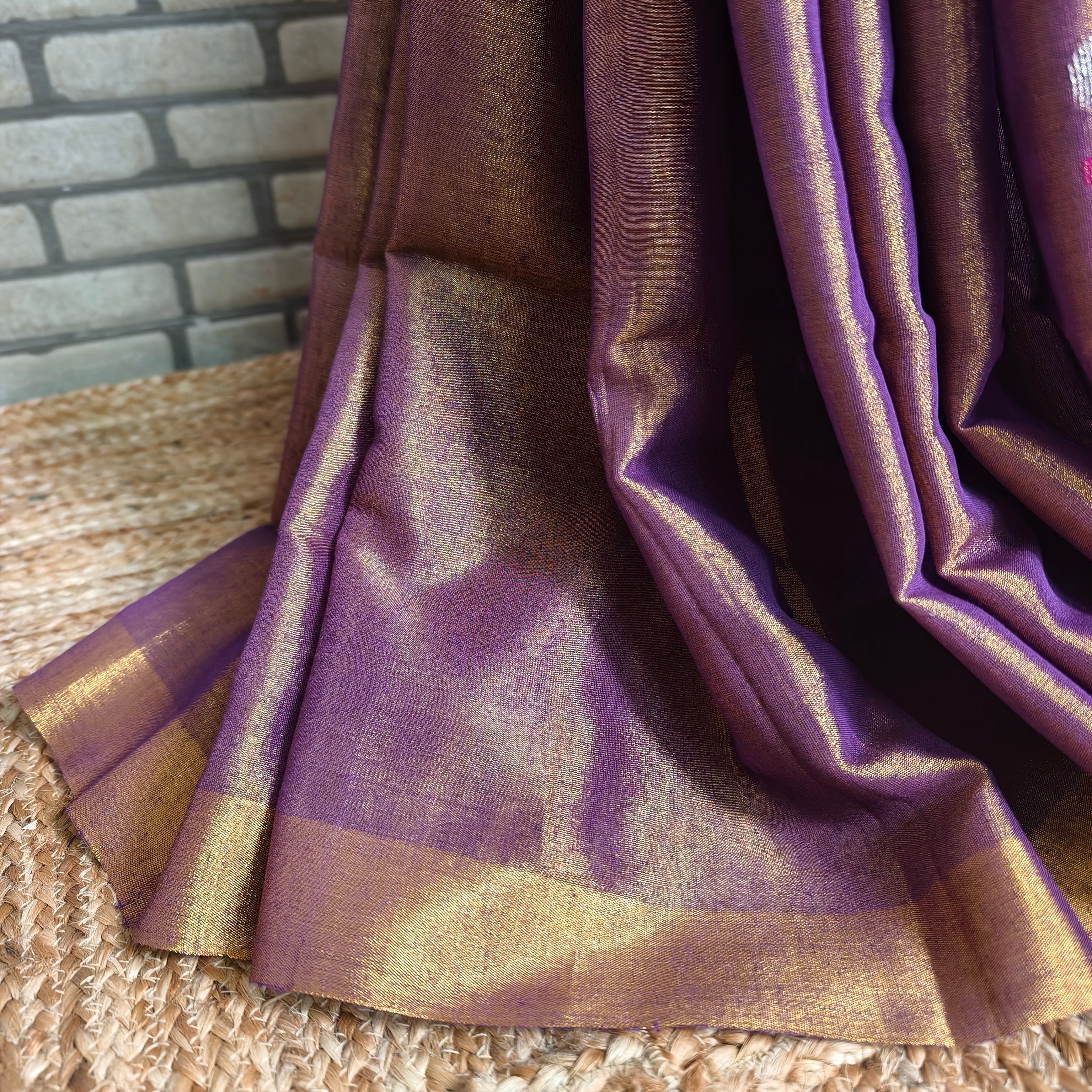 Purple Linen Saree with Pink-Silver Jamdani