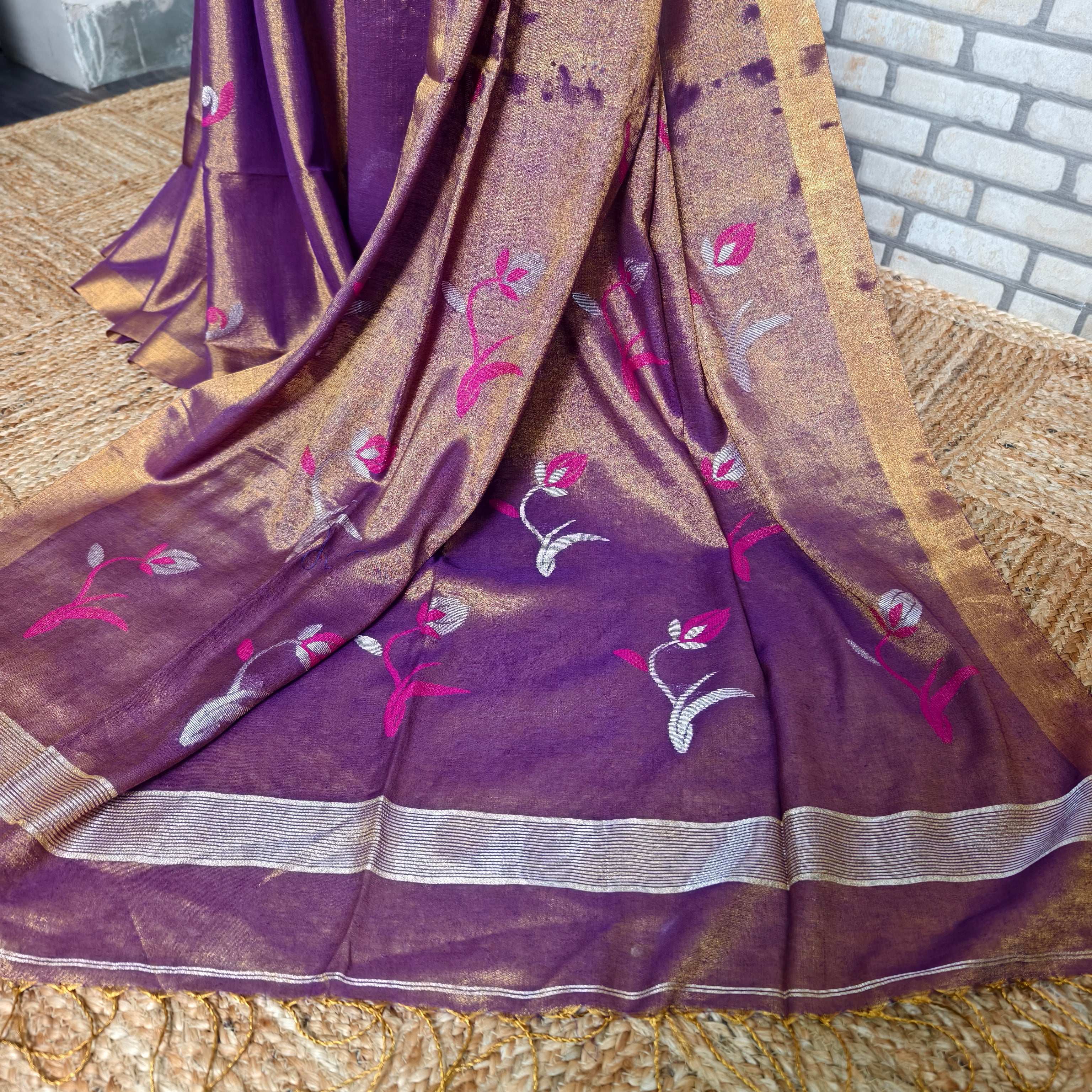 Purple Linen Saree with Pink-Silver Jamdani