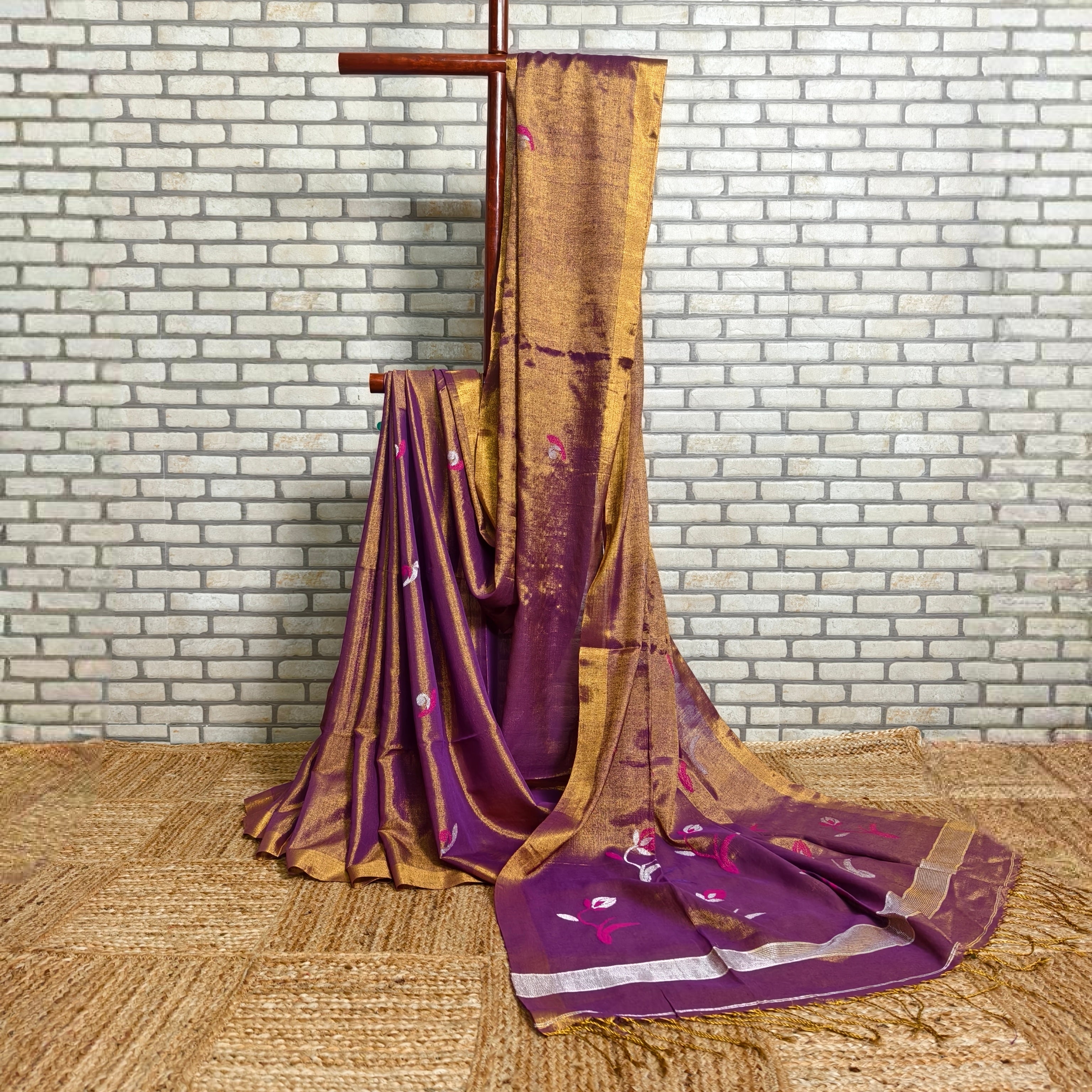 Purple Linen Saree with Pink-Silver Jamdani