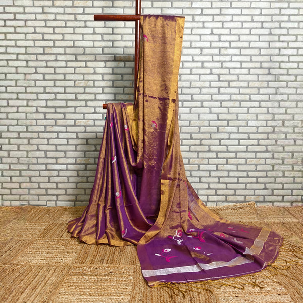 Purple Linen Saree with Pink-Silver Jamdani
