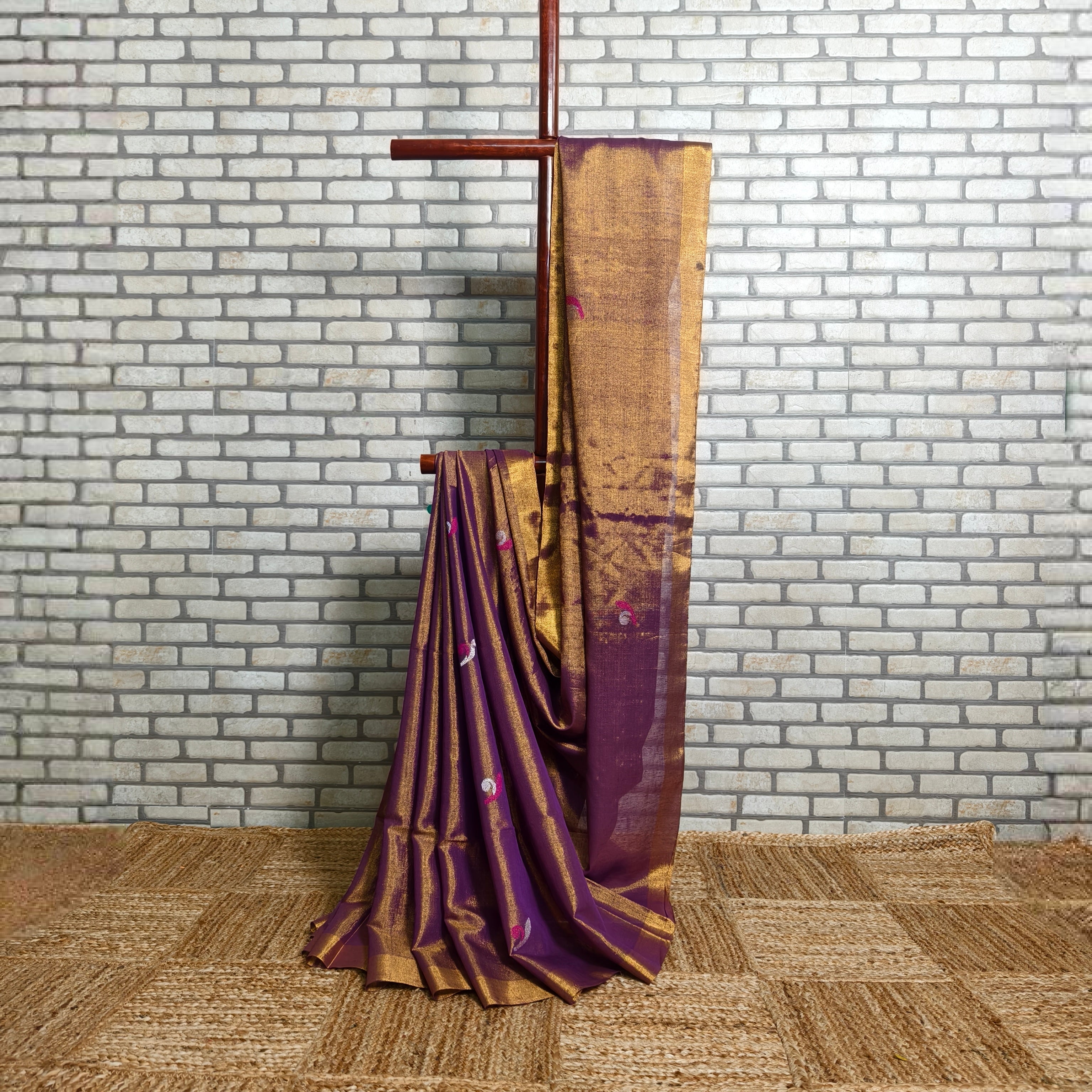 Purple Linen Saree with Pink-Silver Jamdani