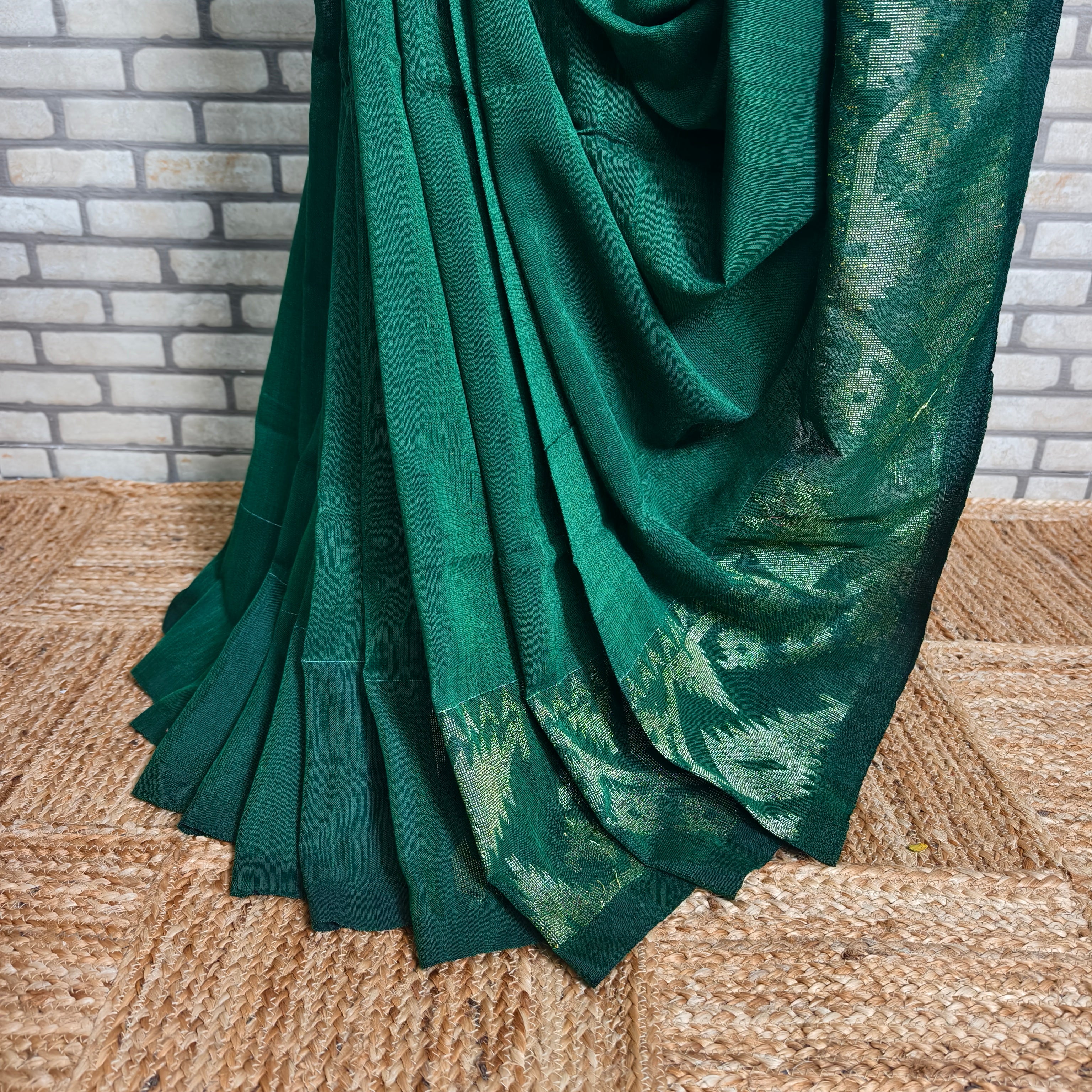 Bold Bottle Green Linen Saree