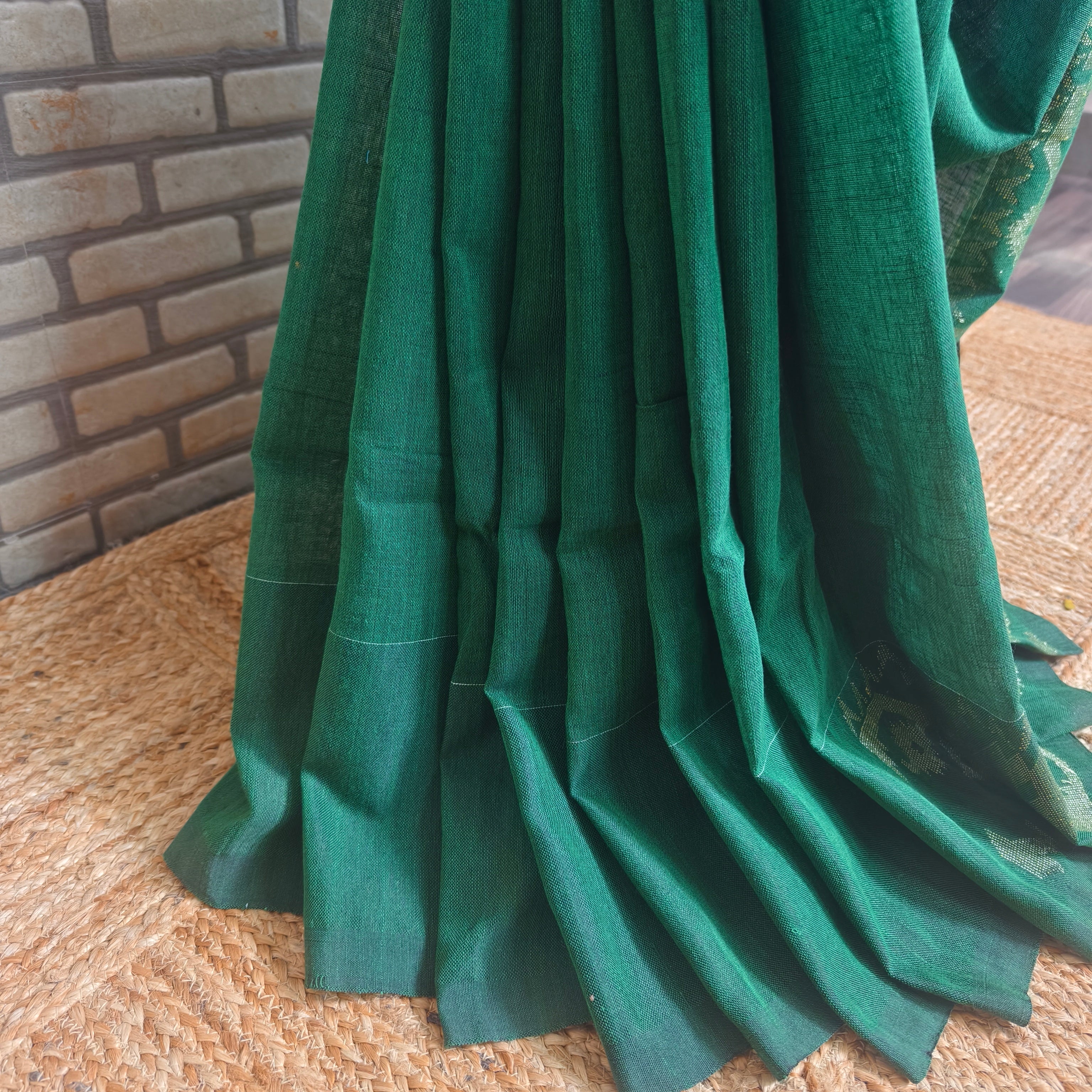 Bold Bottle Green Linen Saree