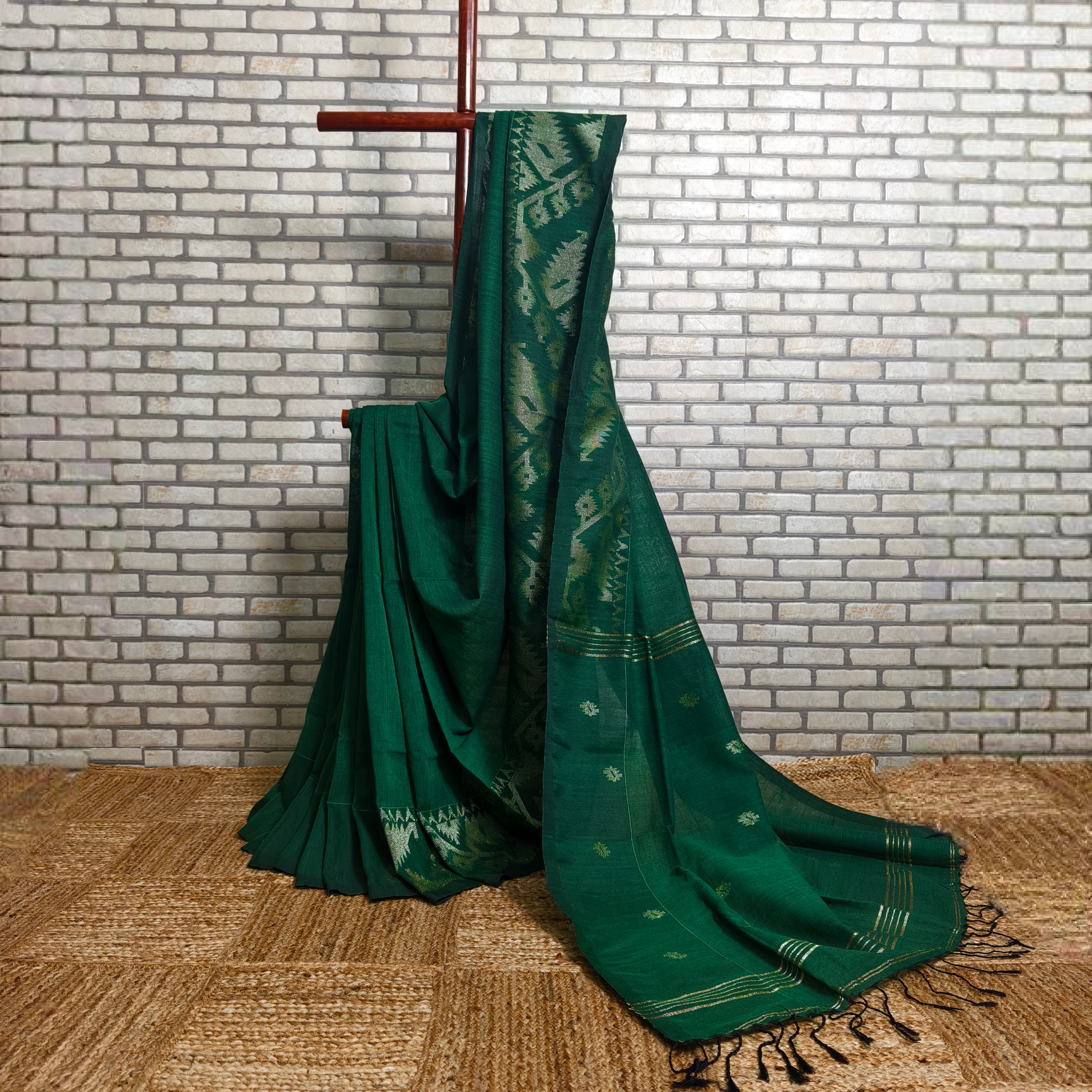 Bold Bottle Green Linen Saree