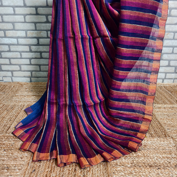 Bold Tricolor Stripes Linen Saree