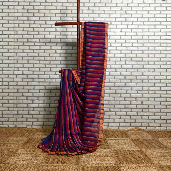 Bold Tricolor Stripes Linen Saree