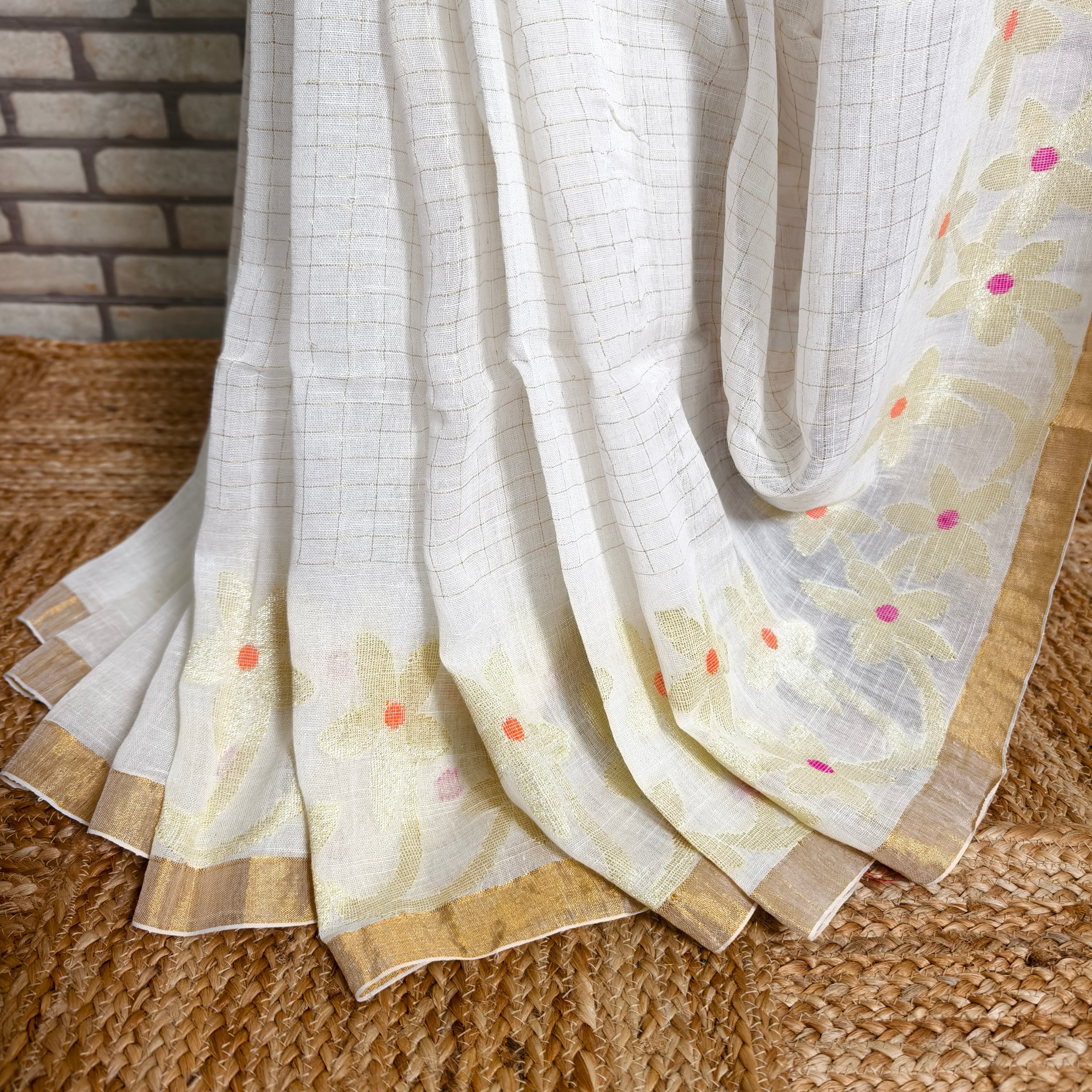 White Checkered Linen Saree