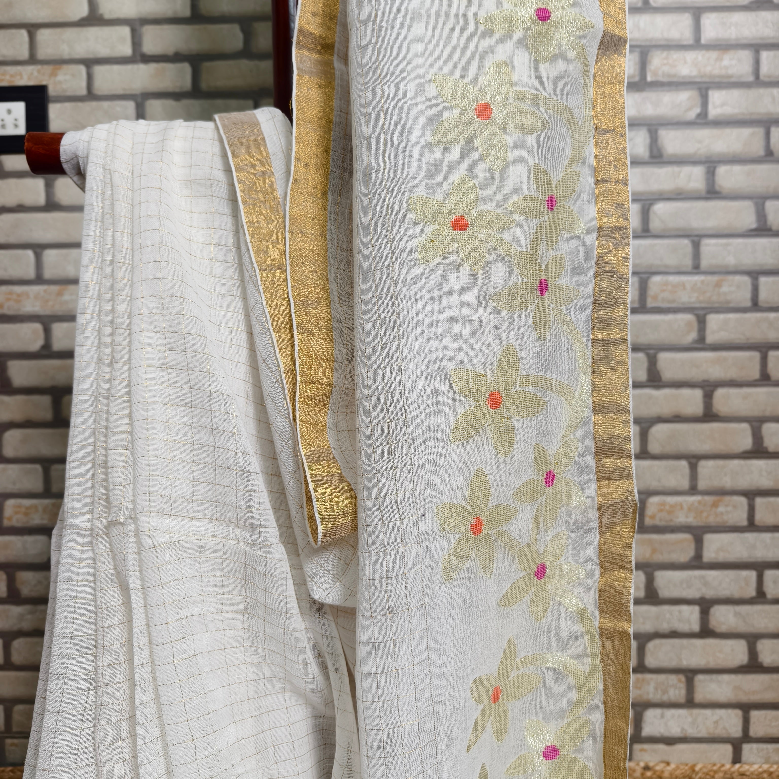 White Checkered Linen Saree