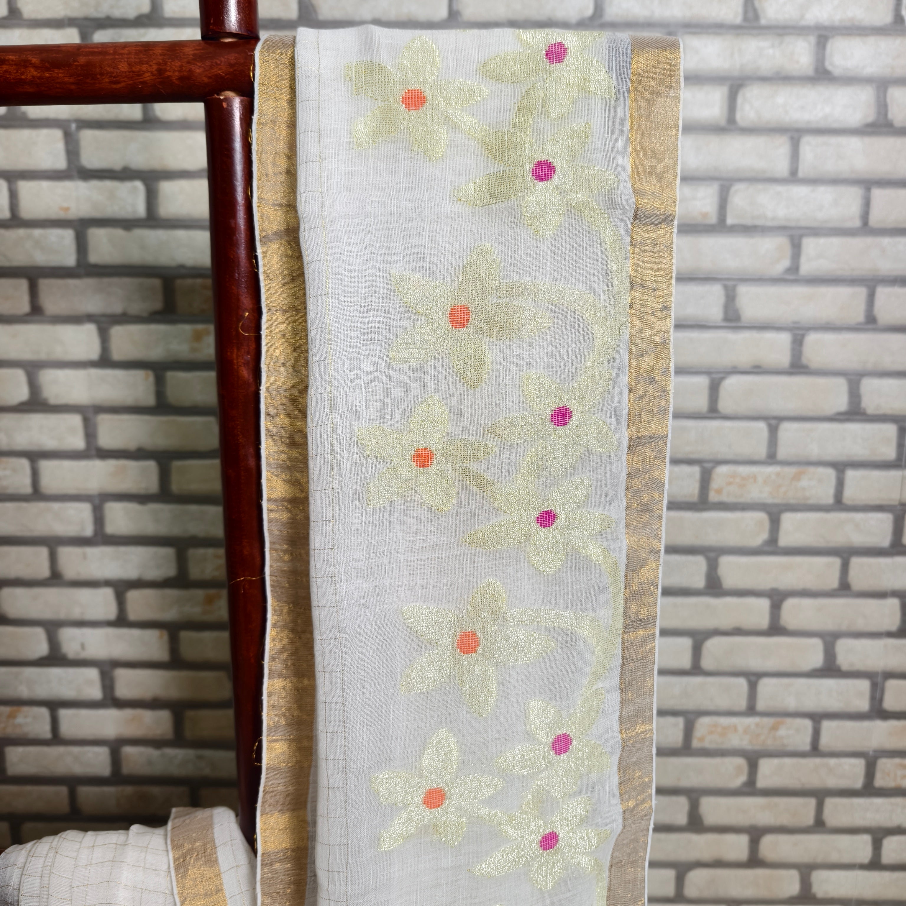 White Checkered Linen Saree