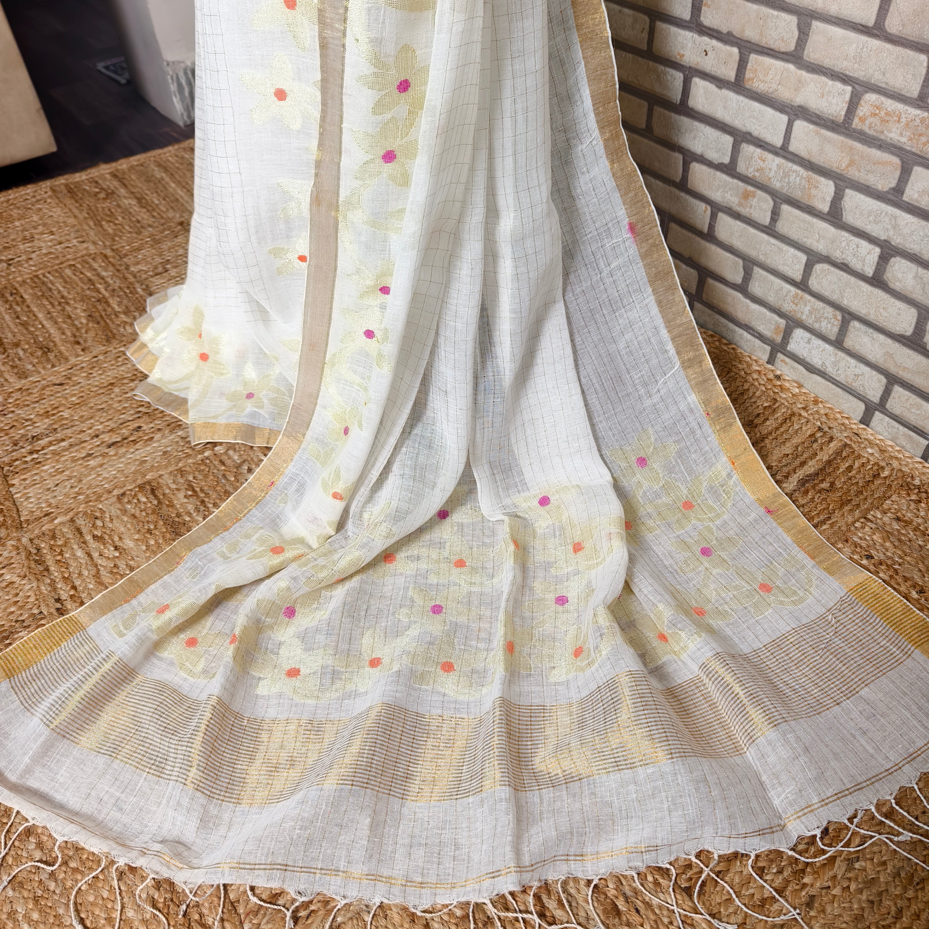 White Checkered Linen Saree