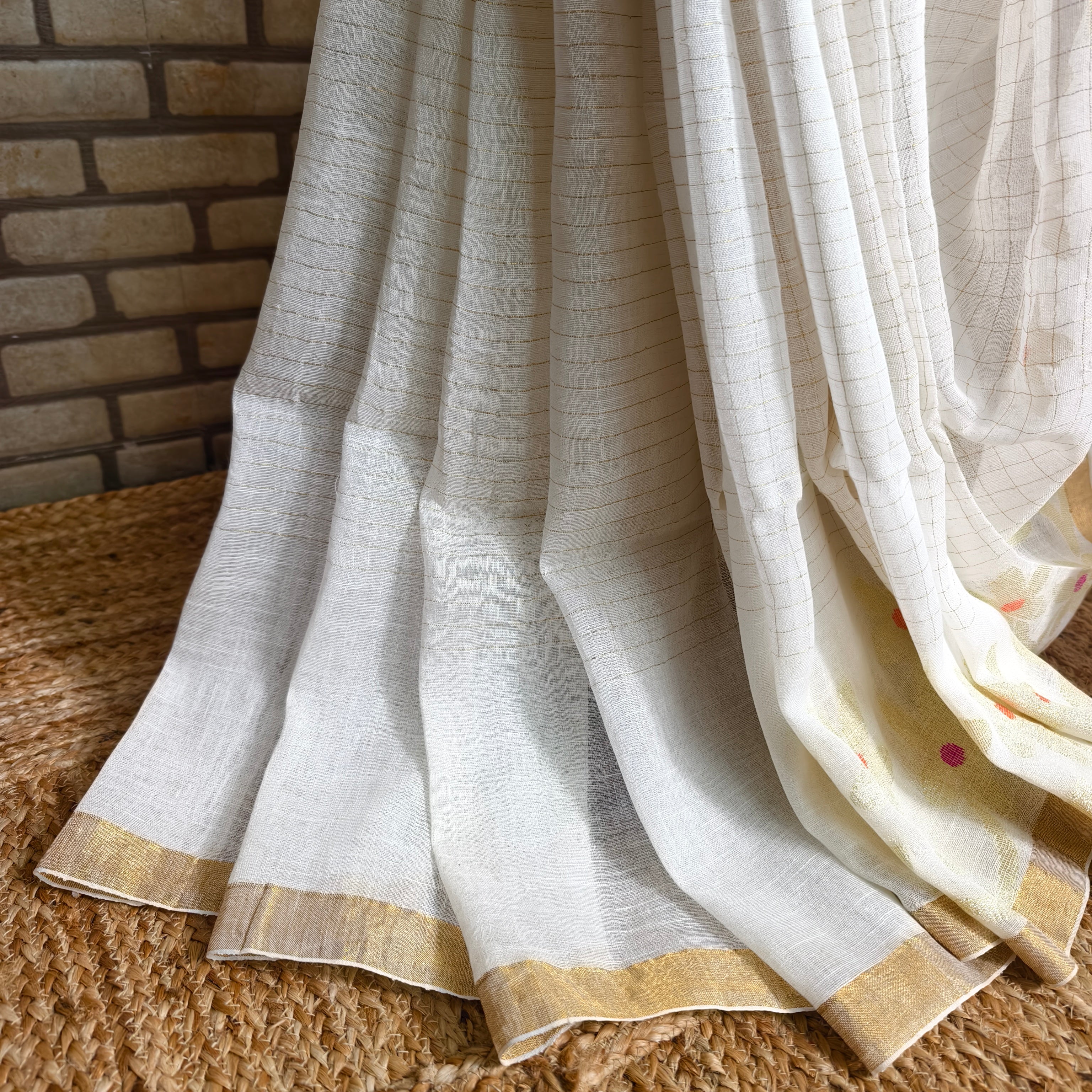White Checkered Linen Saree