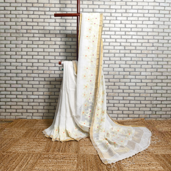 White Checkered Linen Saree