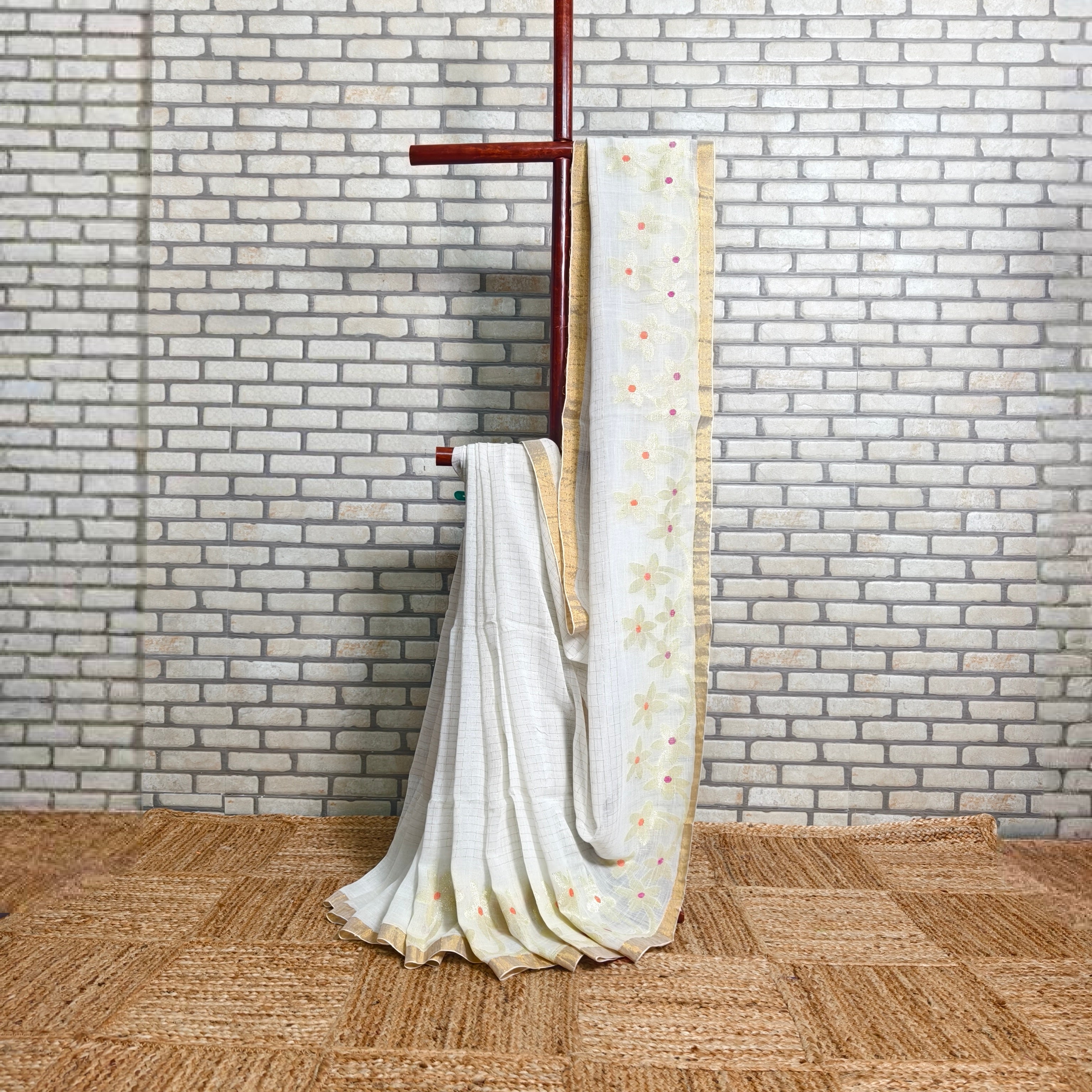 White Checkered Linen Saree