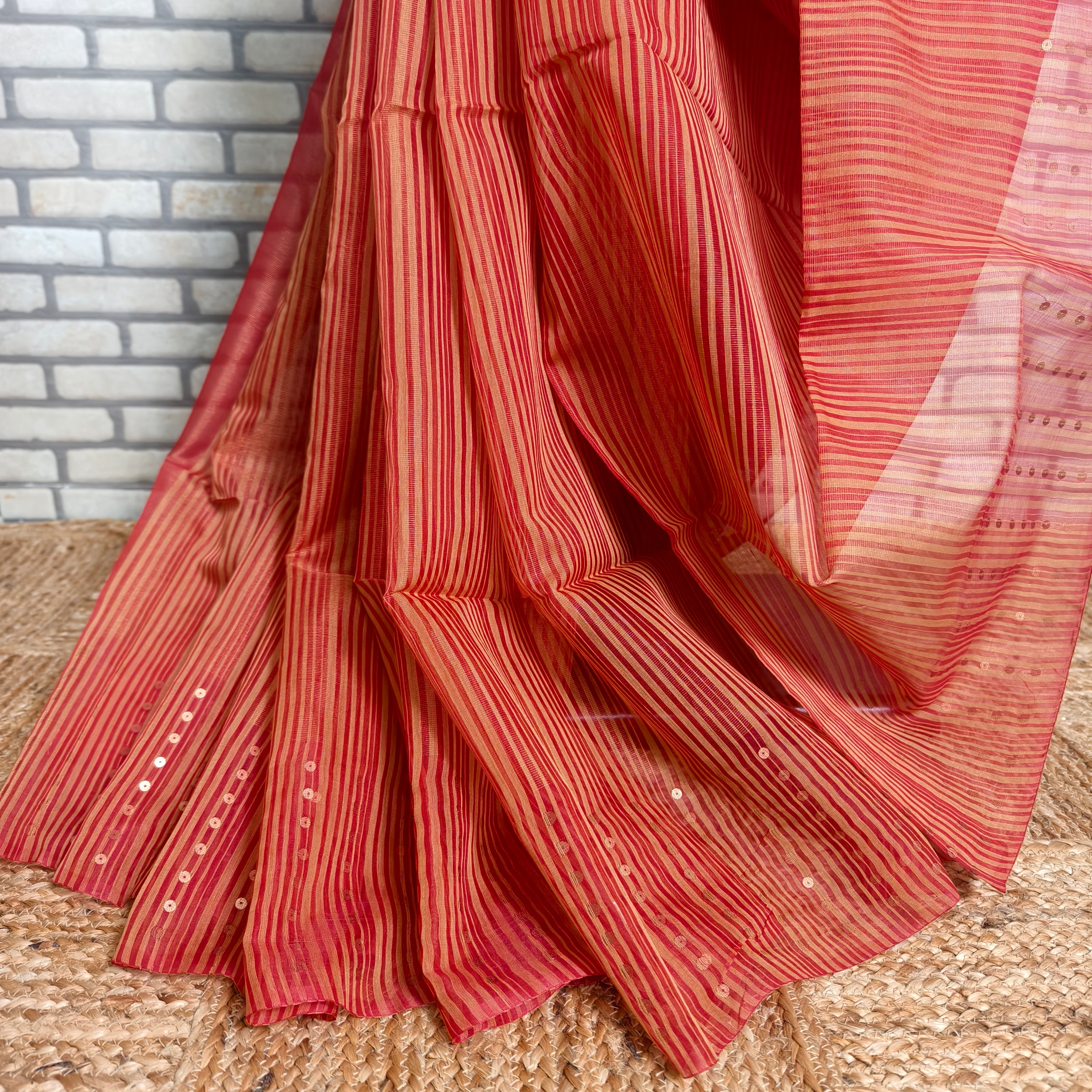 Beige Red Resham Silk Saree