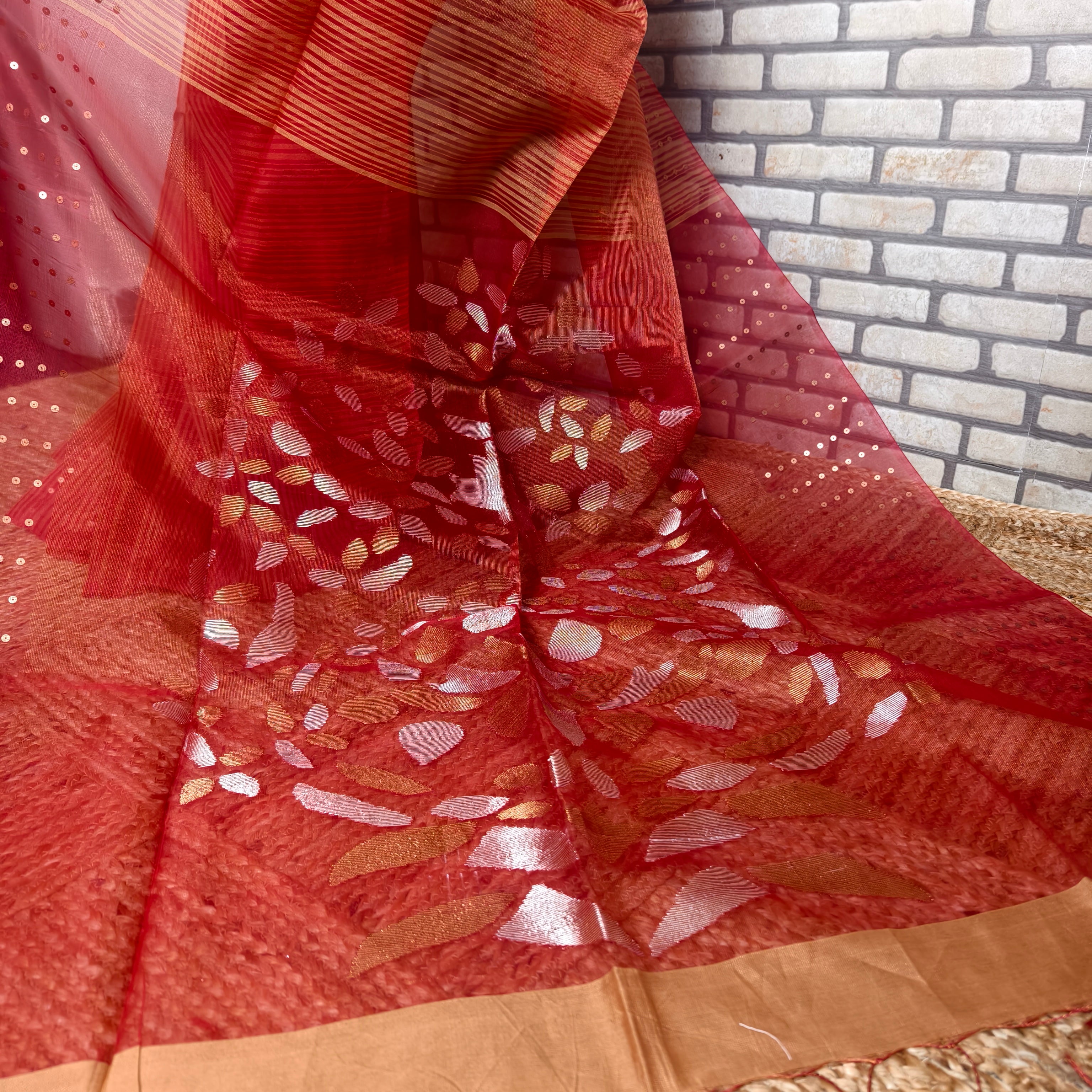 Beige Red Resham Silk Saree