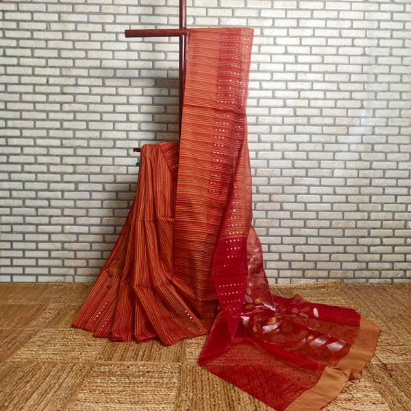 Beige Red Resham Silk Saree