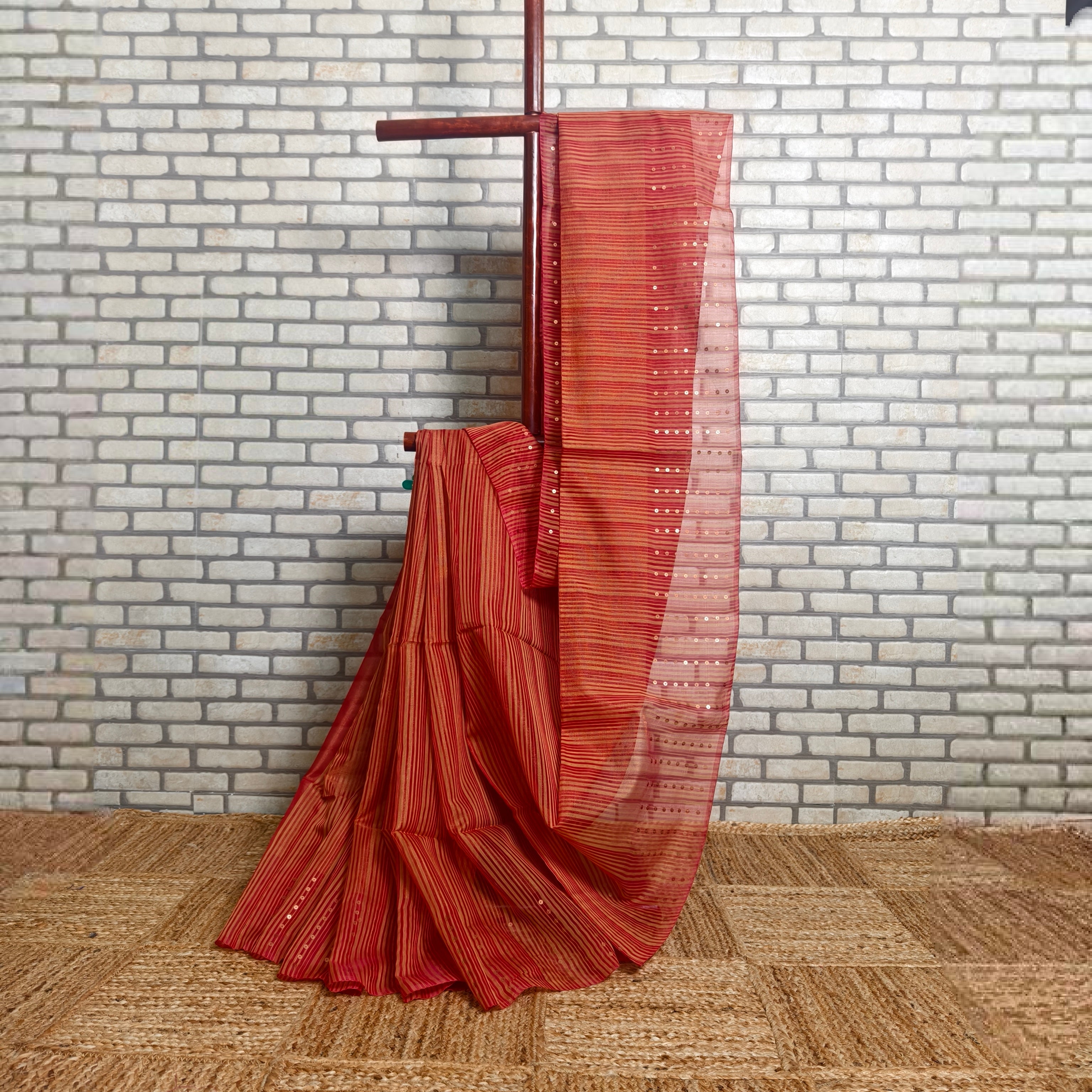 Beige Red Resham Silk Saree