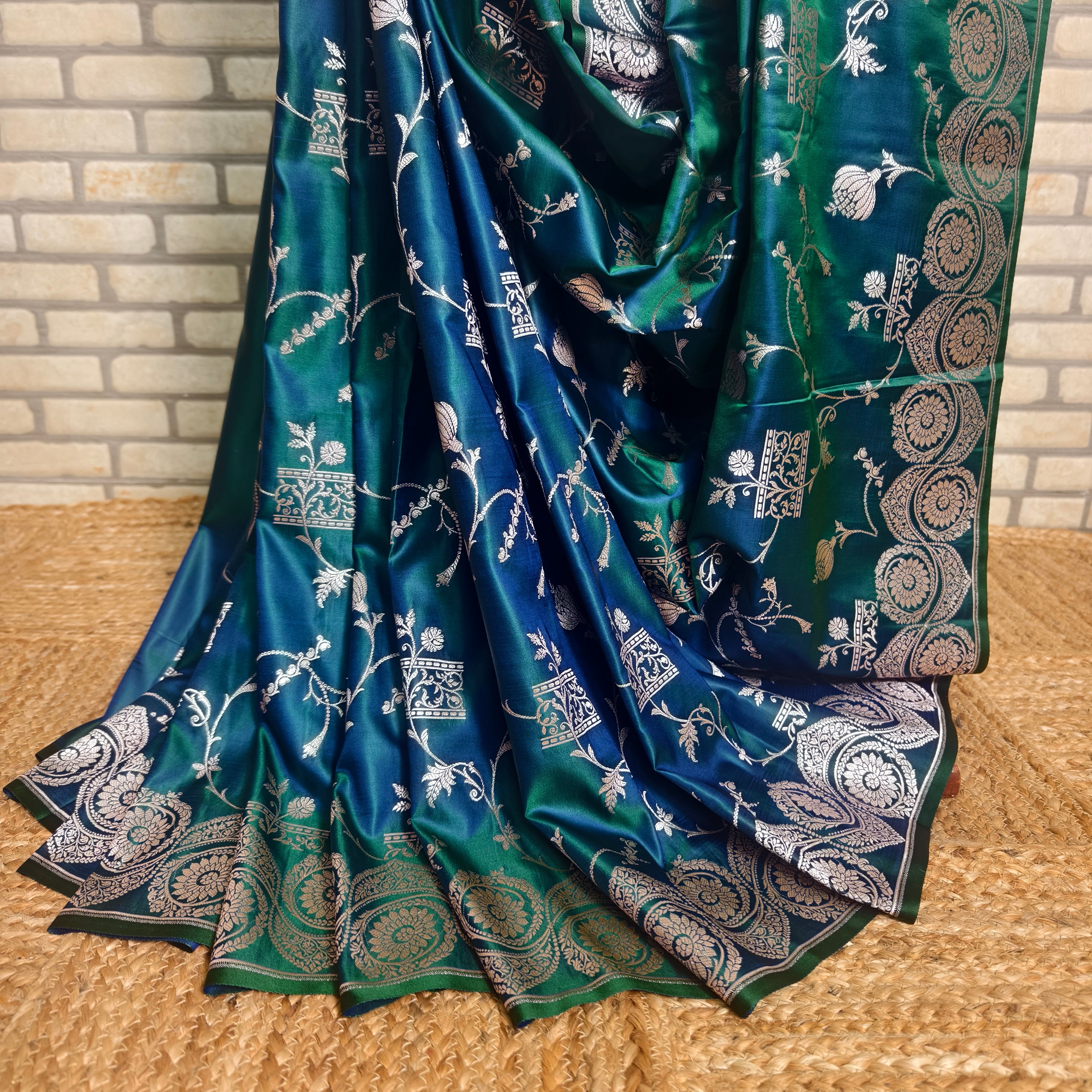 Two Tone Green Blue Mashru Silk Saree