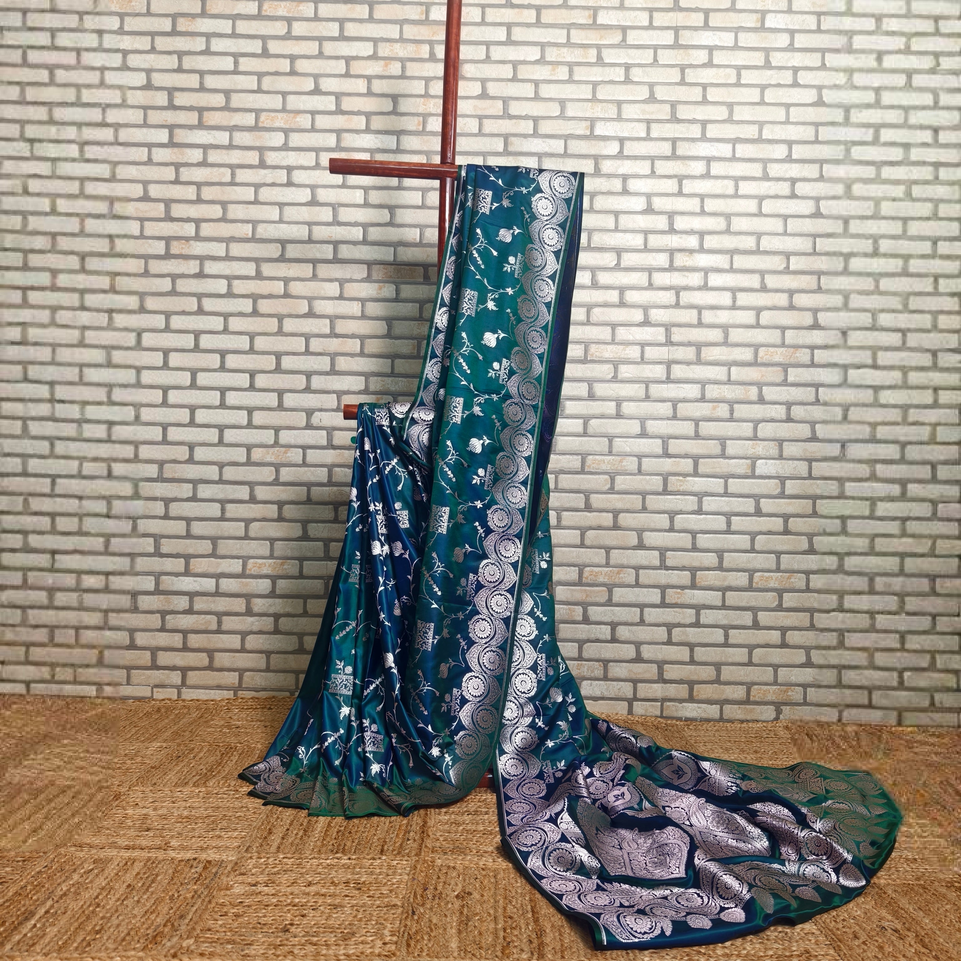 Two Tone Green Blue Mashru Silk Saree