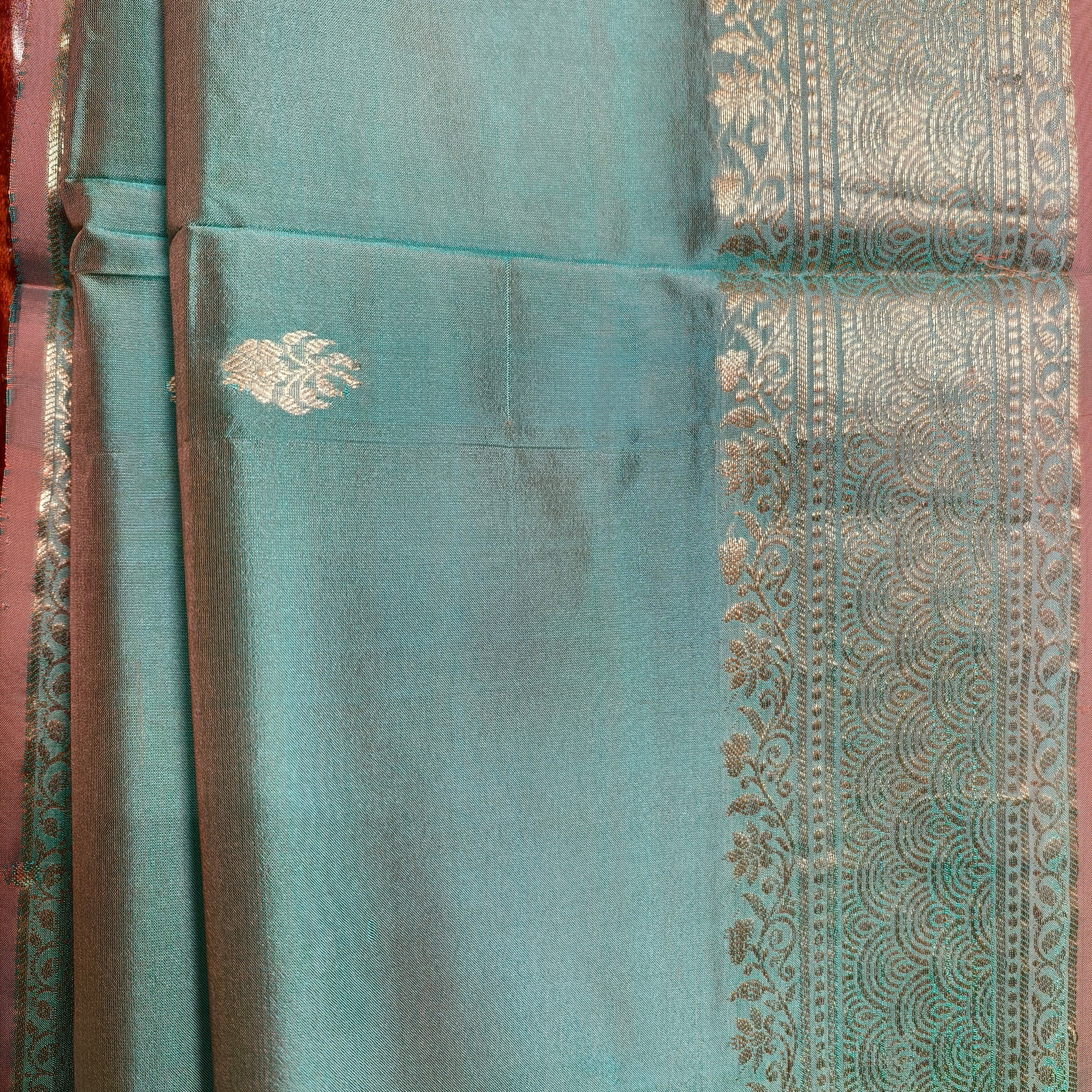 Two-tone Green Brick-Red Katan Silk Saree