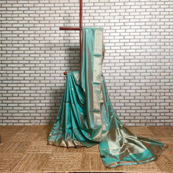Two-tone Green Brick-Red Katan Silk Saree