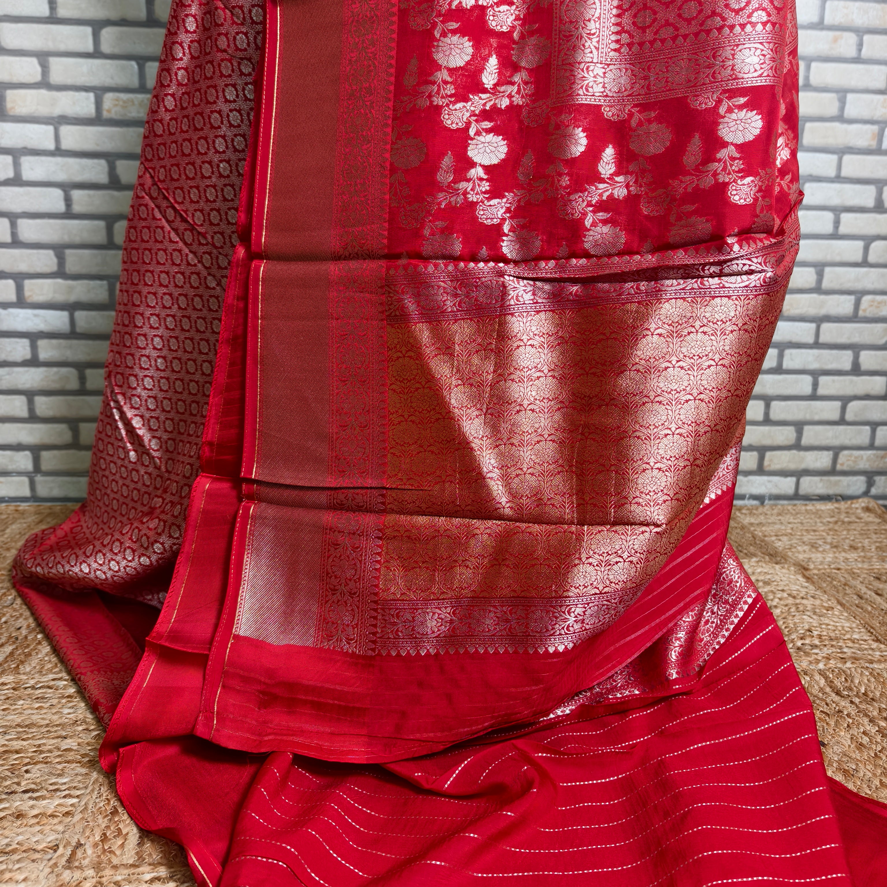 Red Satin Organza Banarasi Saree