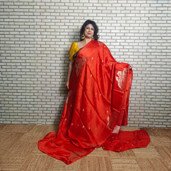 Orange satin organza saree