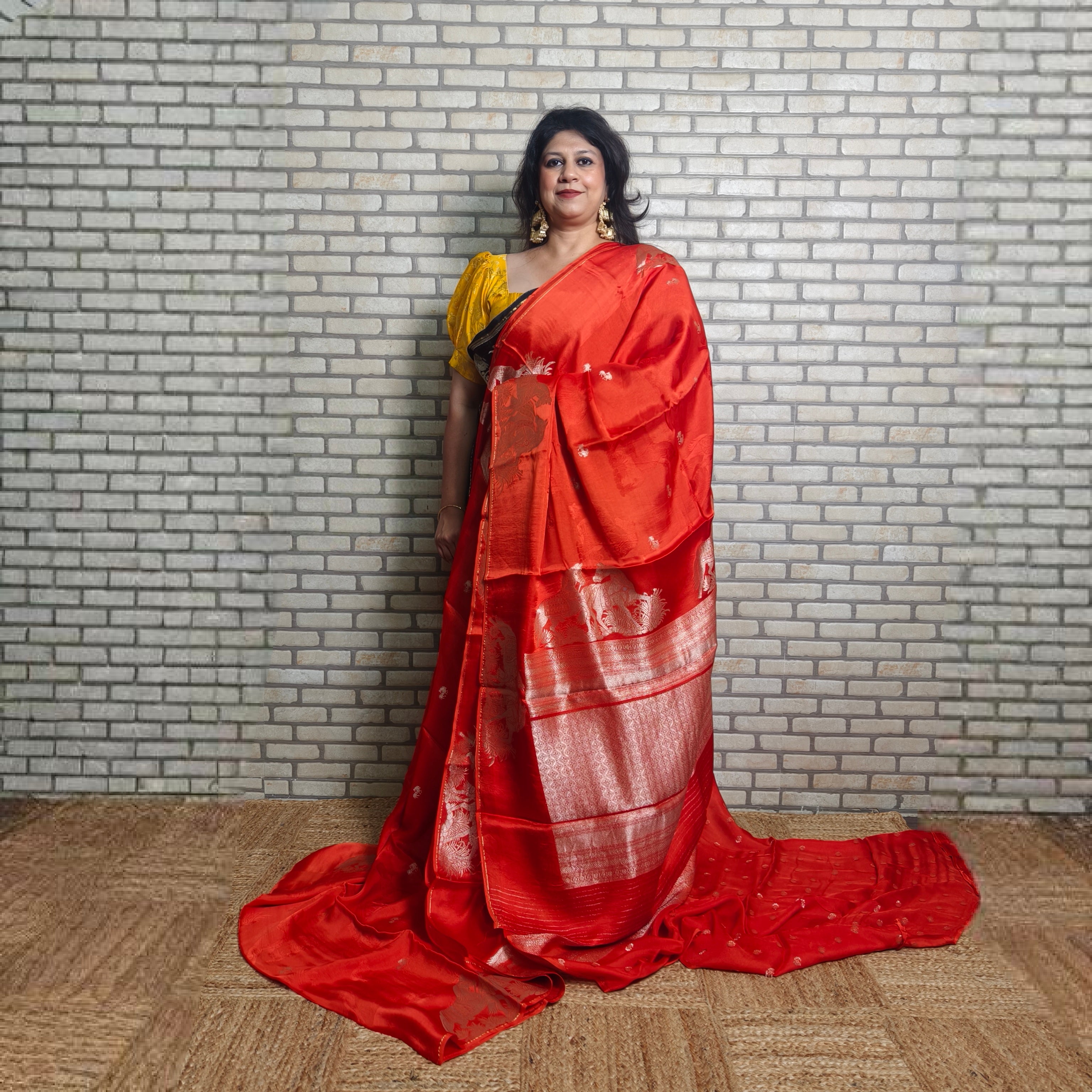 Orange satin organza saree