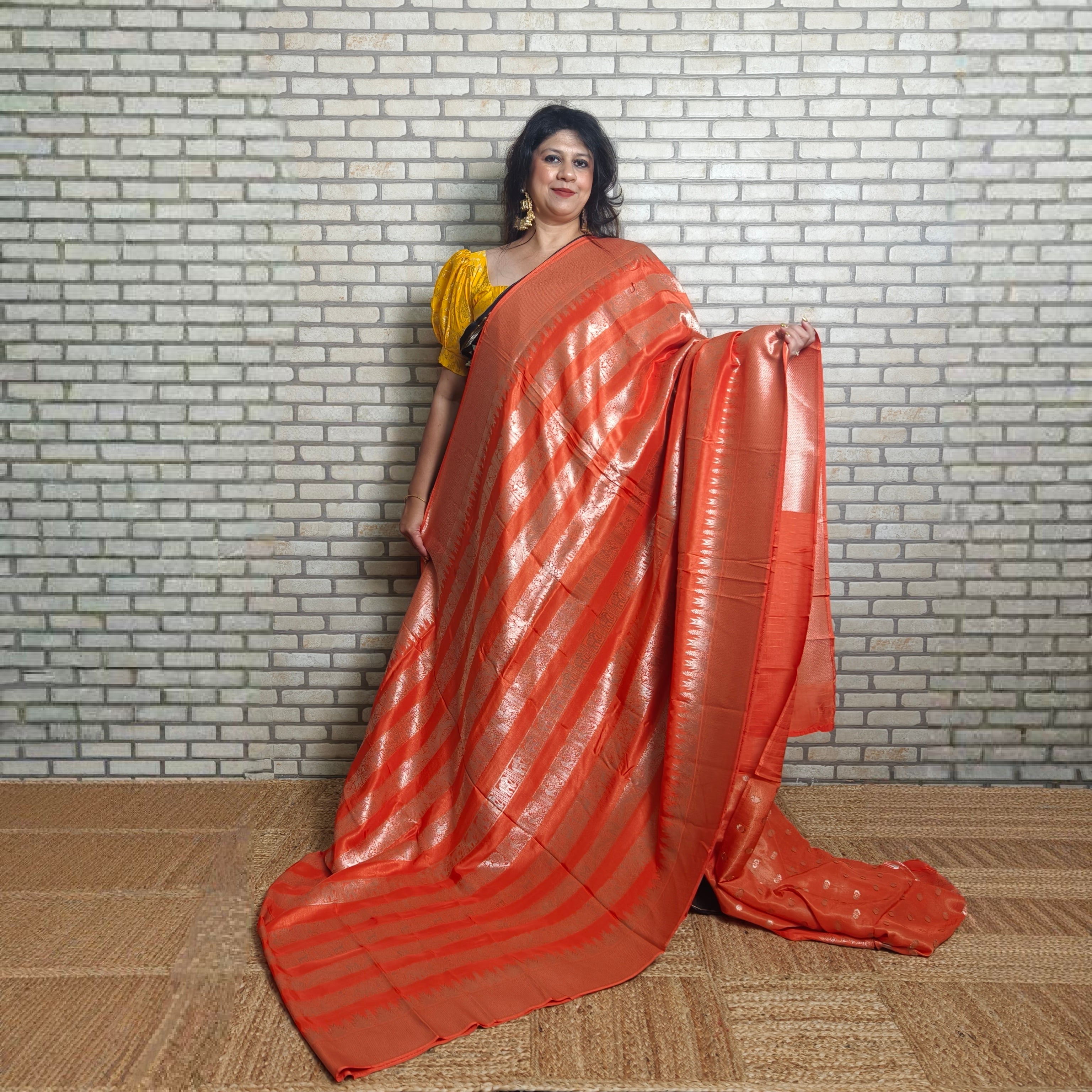 Bright Orange Bamboo Silk Saree