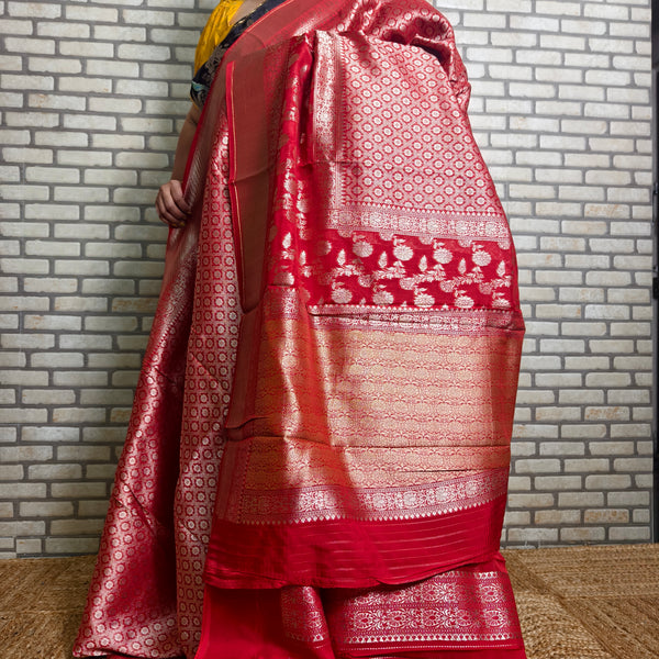 Red Satin Organza Banarasi Saree