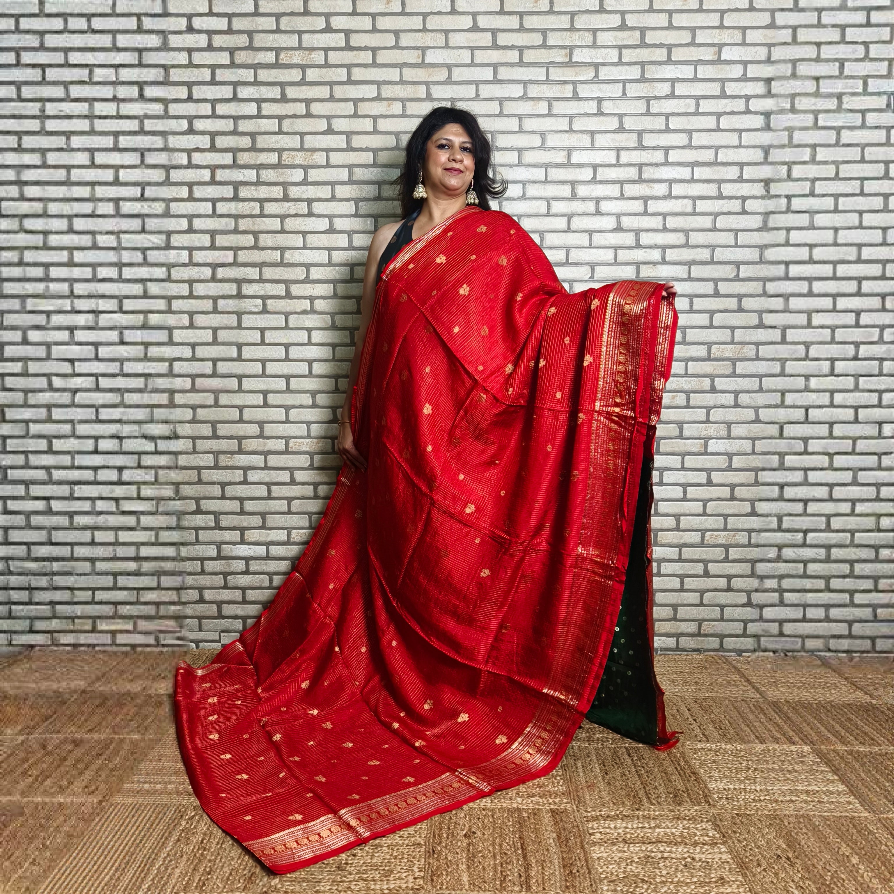 Bright Red Vintage Checkered Saree