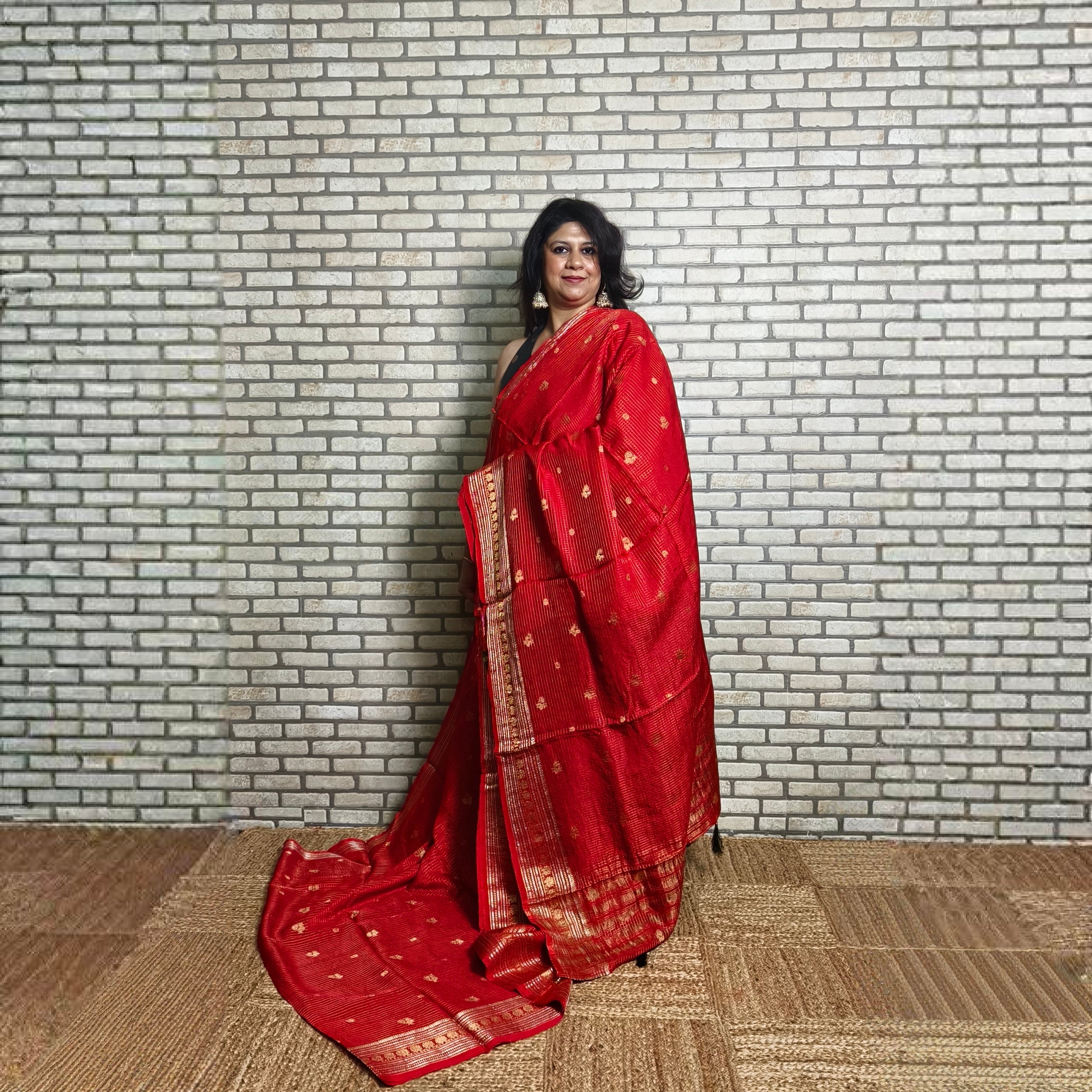 Bright Red Vintage Checkered Saree