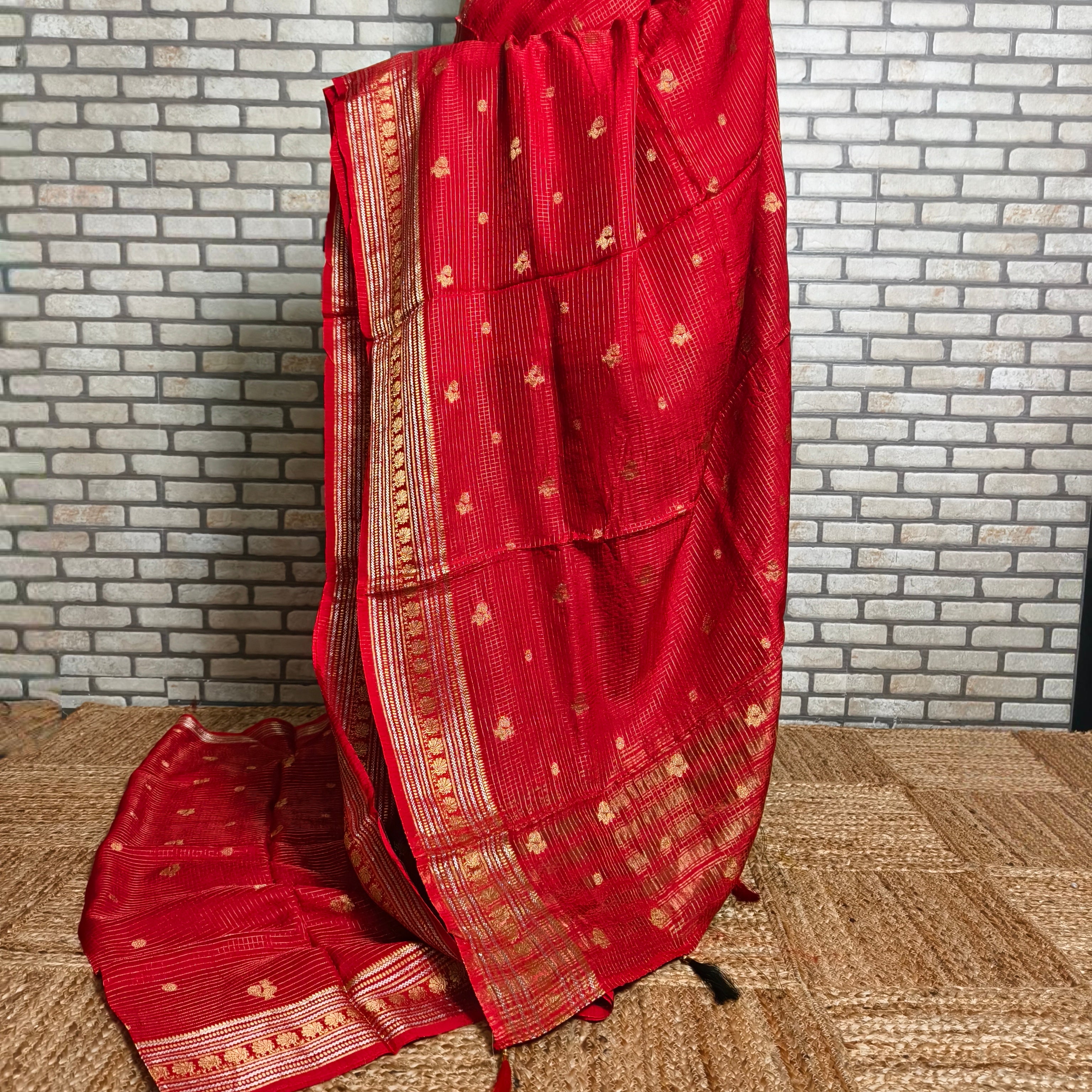 Bright Red Vintage Checkered Saree