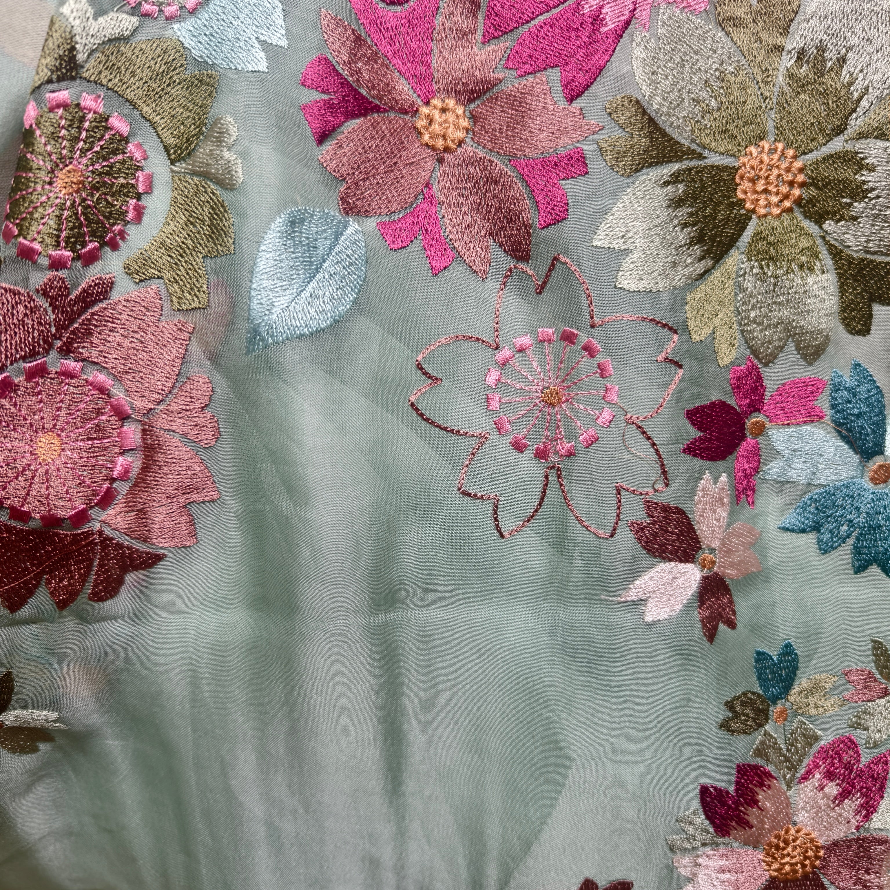 Pista silk organza saree with multicolour floral embroidery