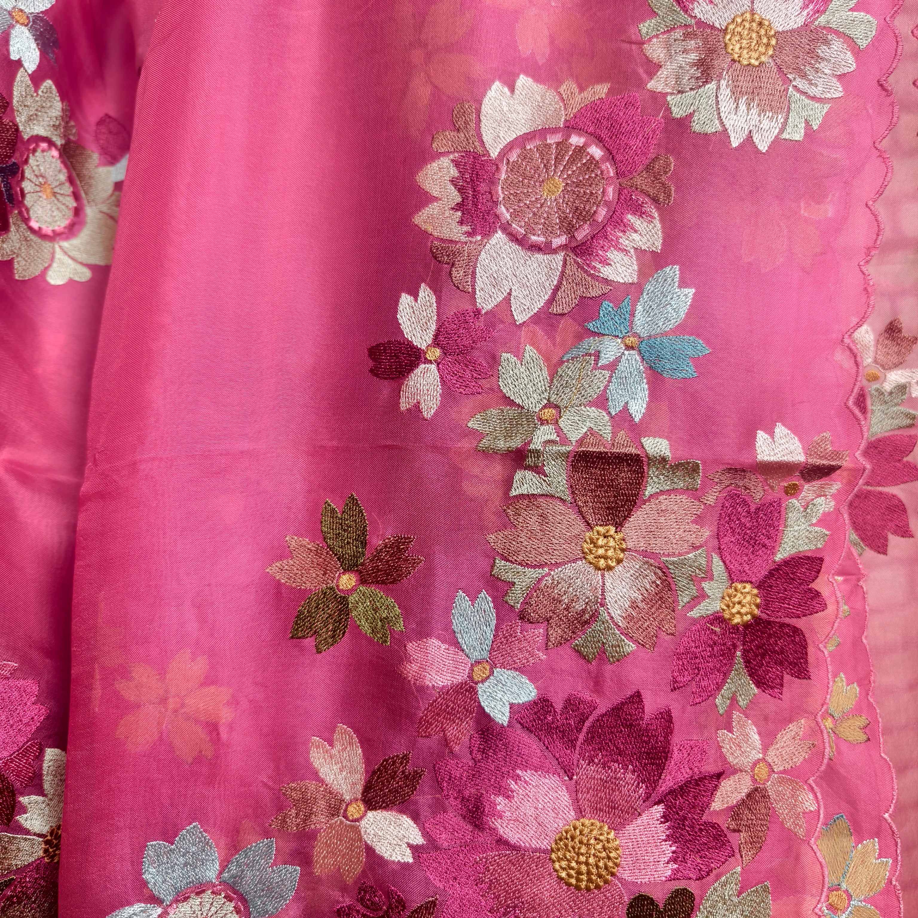 Pink silk organza saree with multicolour floral embroidery