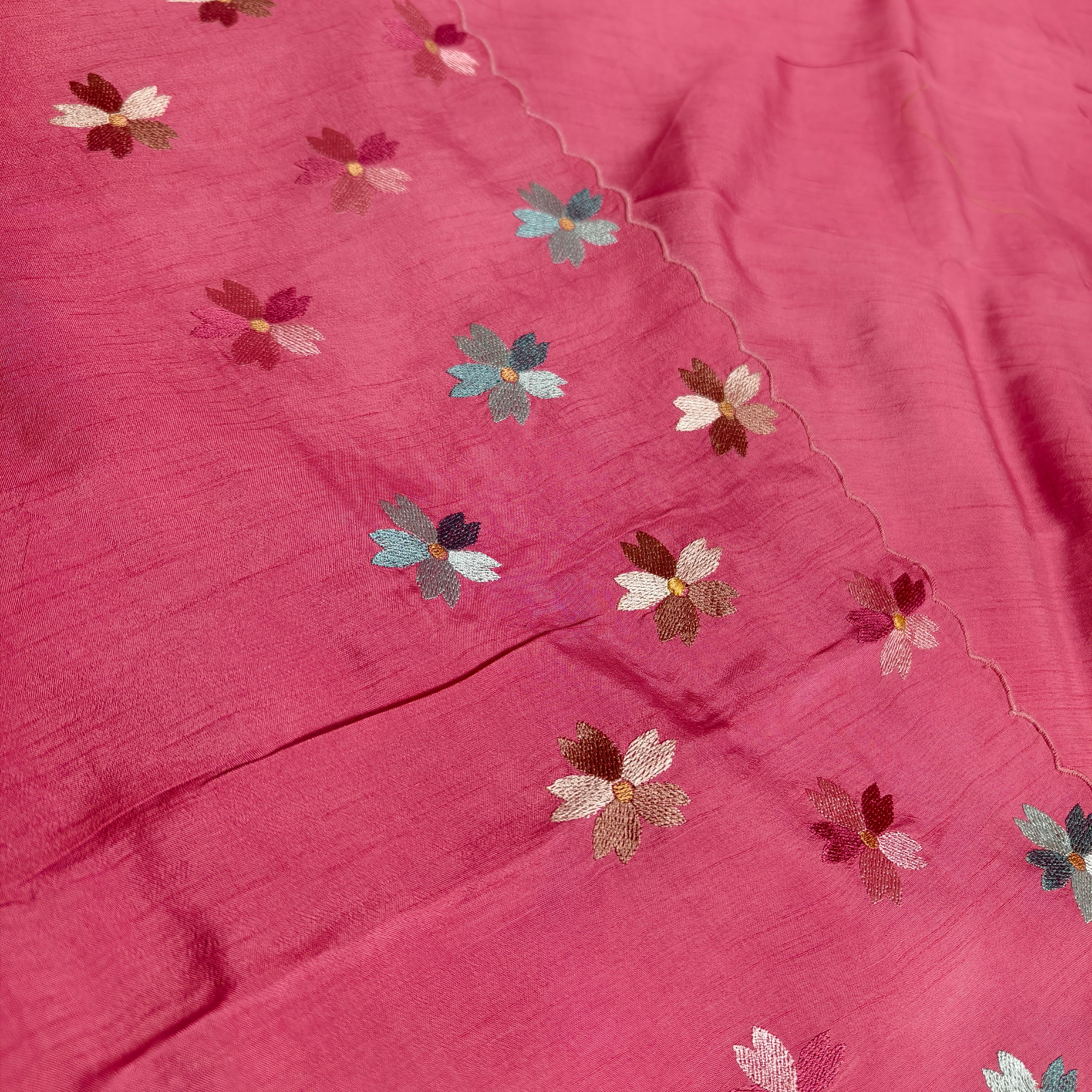 Pink silk organza saree with multicolour floral embroidery