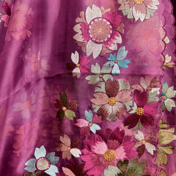 Wine silk organza saree with multicolour floral embroidery