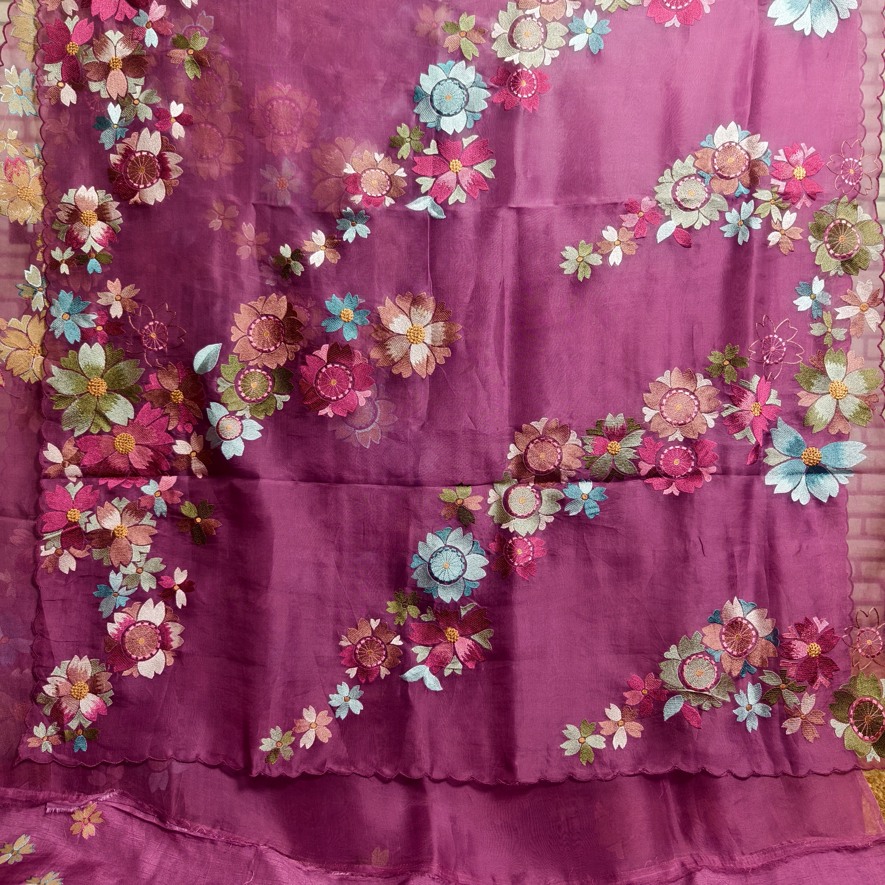 Wine silk organza saree with multicolour floral embroidery