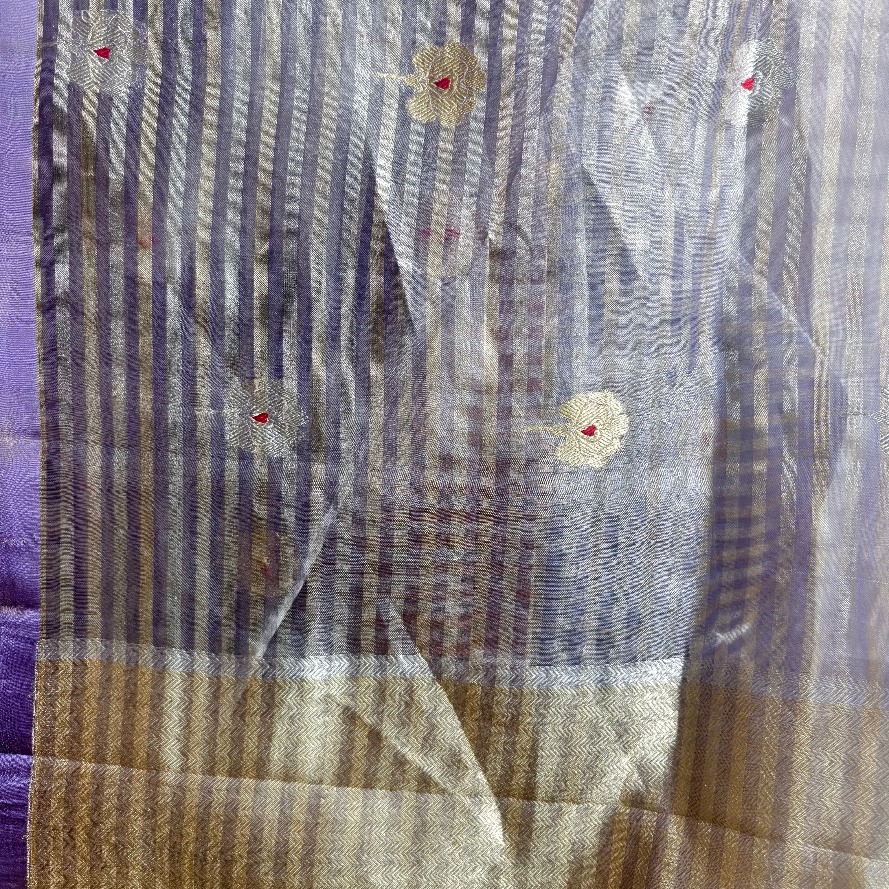 Purple and mustard pure silk tissue striped saree