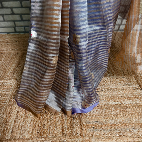 Purple and mustard pure silk tissue striped saree