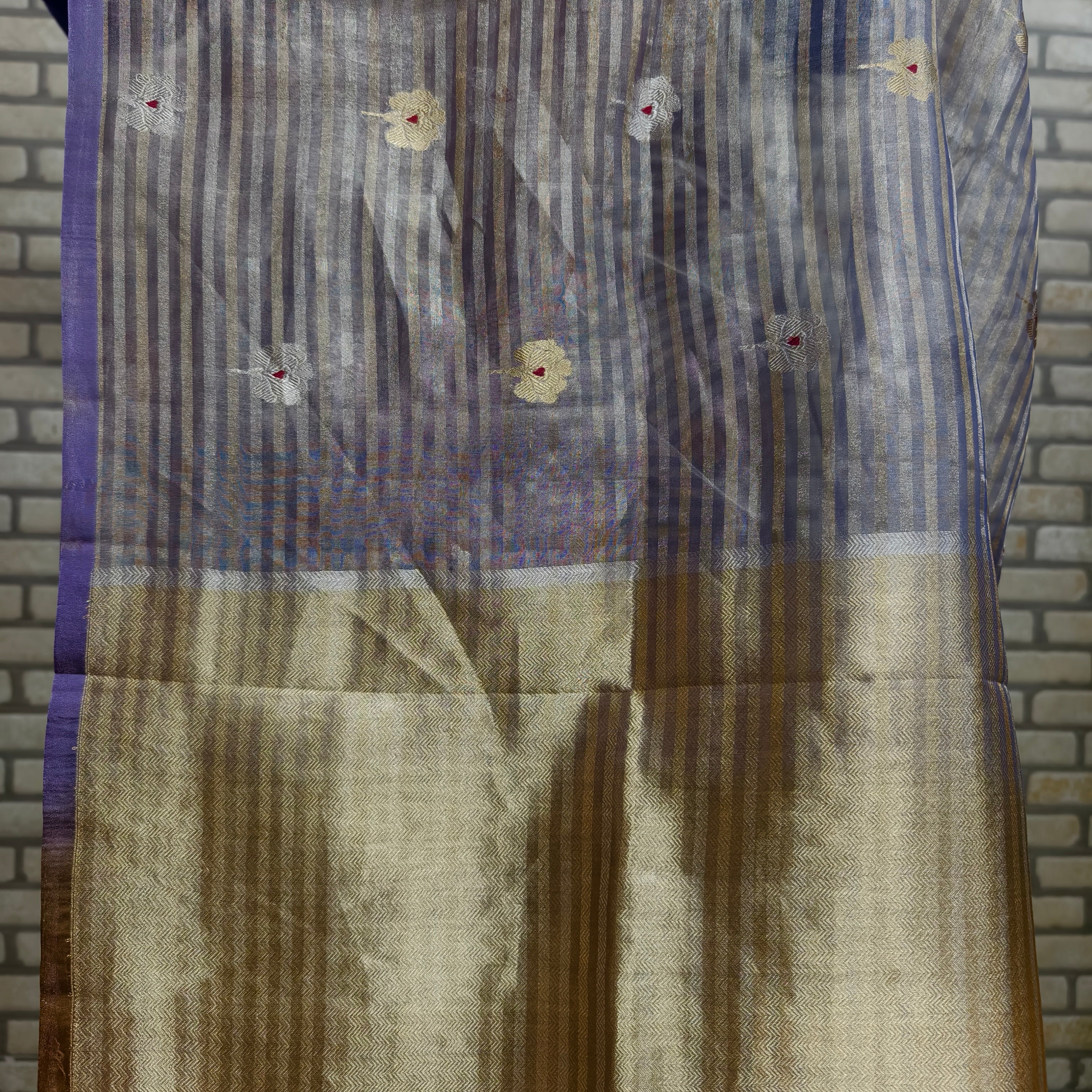 Purple and mustard pure silk tissue striped saree