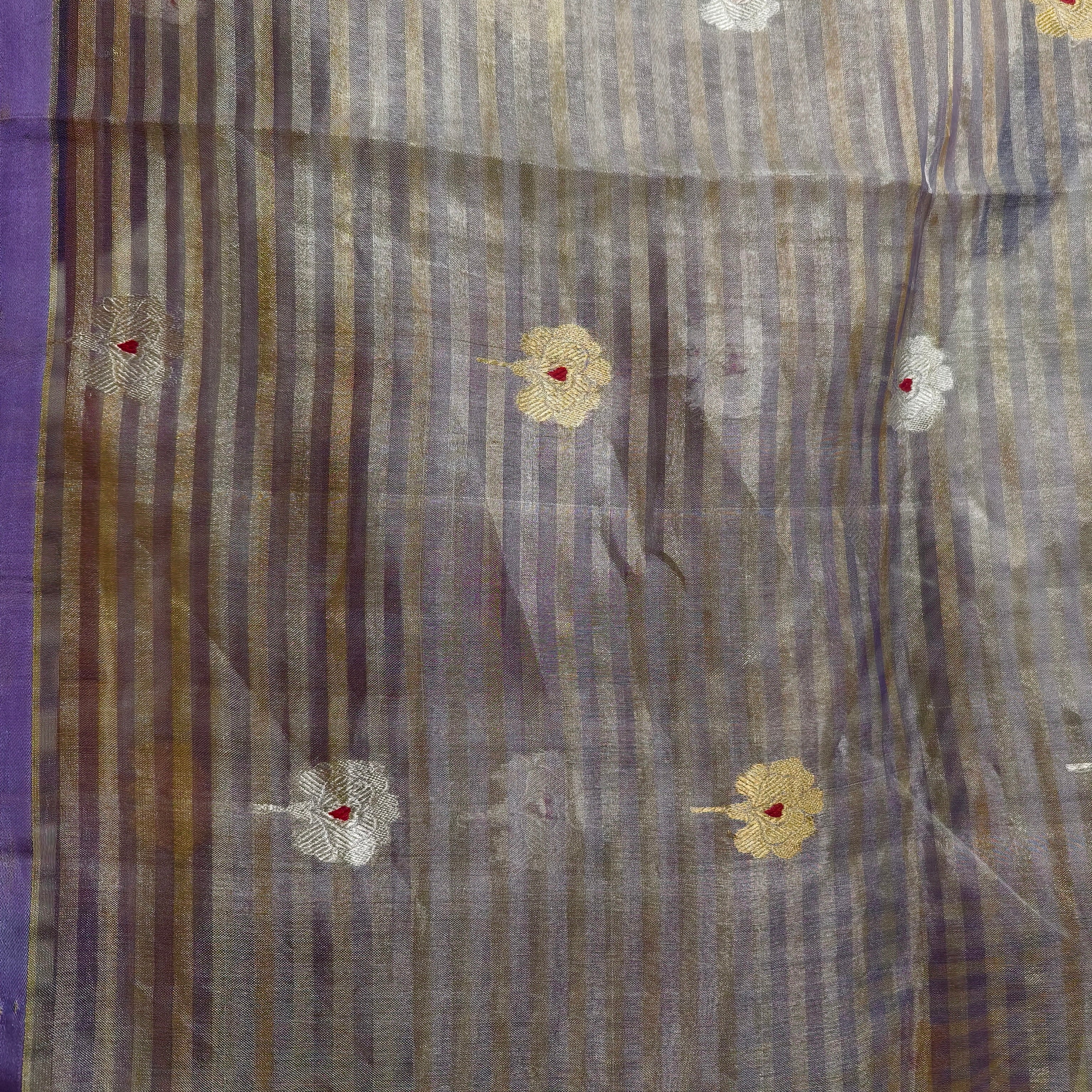 Purple and mustard pure silk tissue striped saree