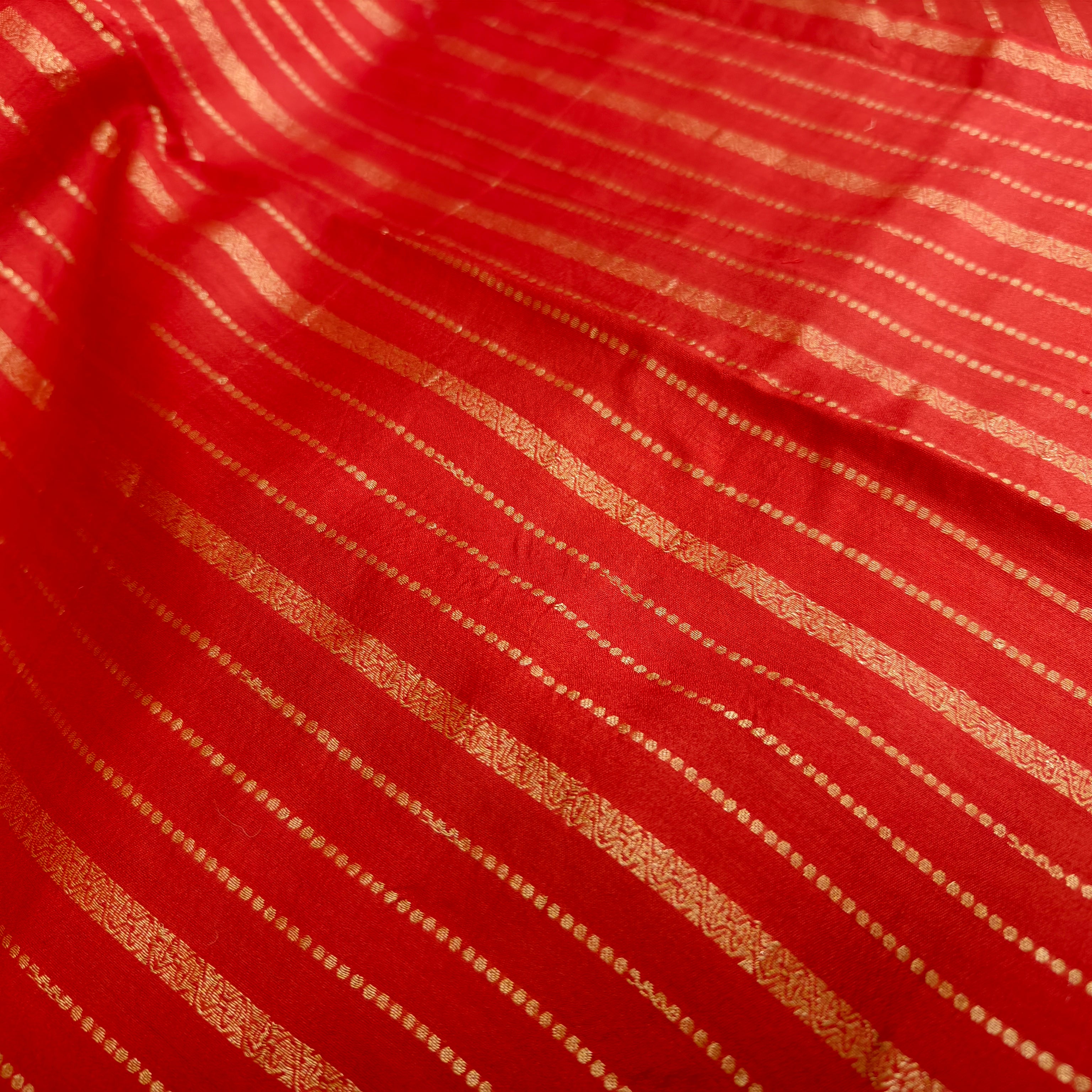 Red and yellow pure silk tissue saree with stripes
