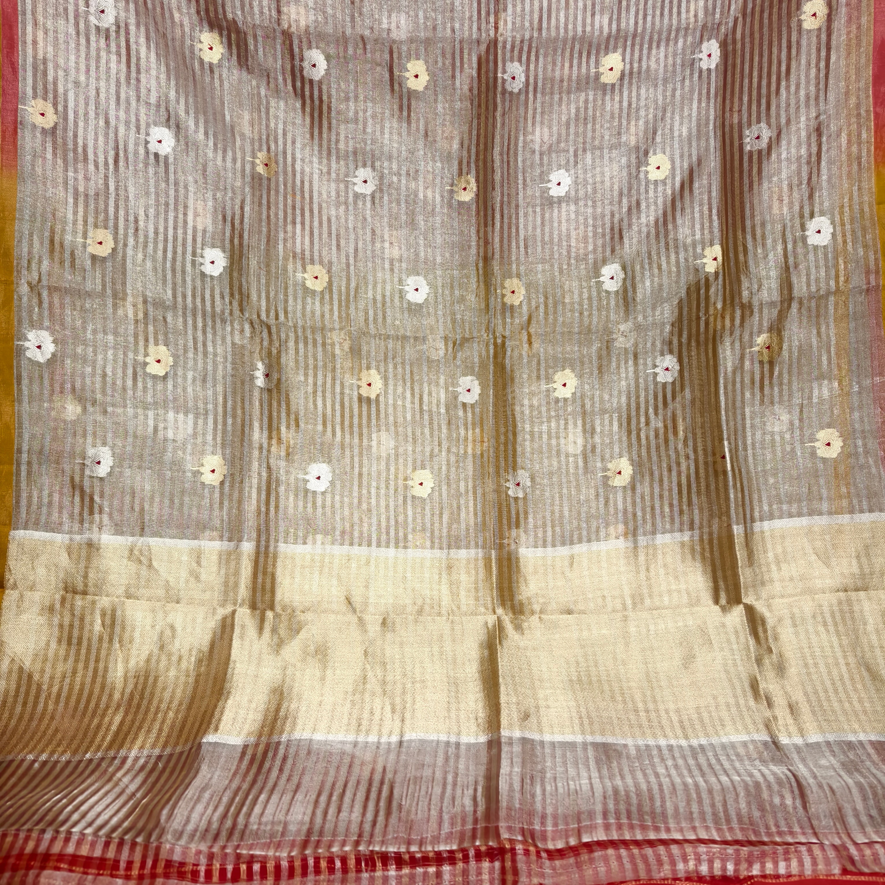 Red and yellow pure silk tissue saree with stripes