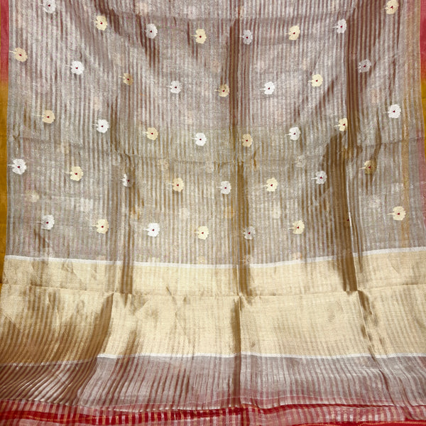 Red and yellow pure silk tissue saree with stripes