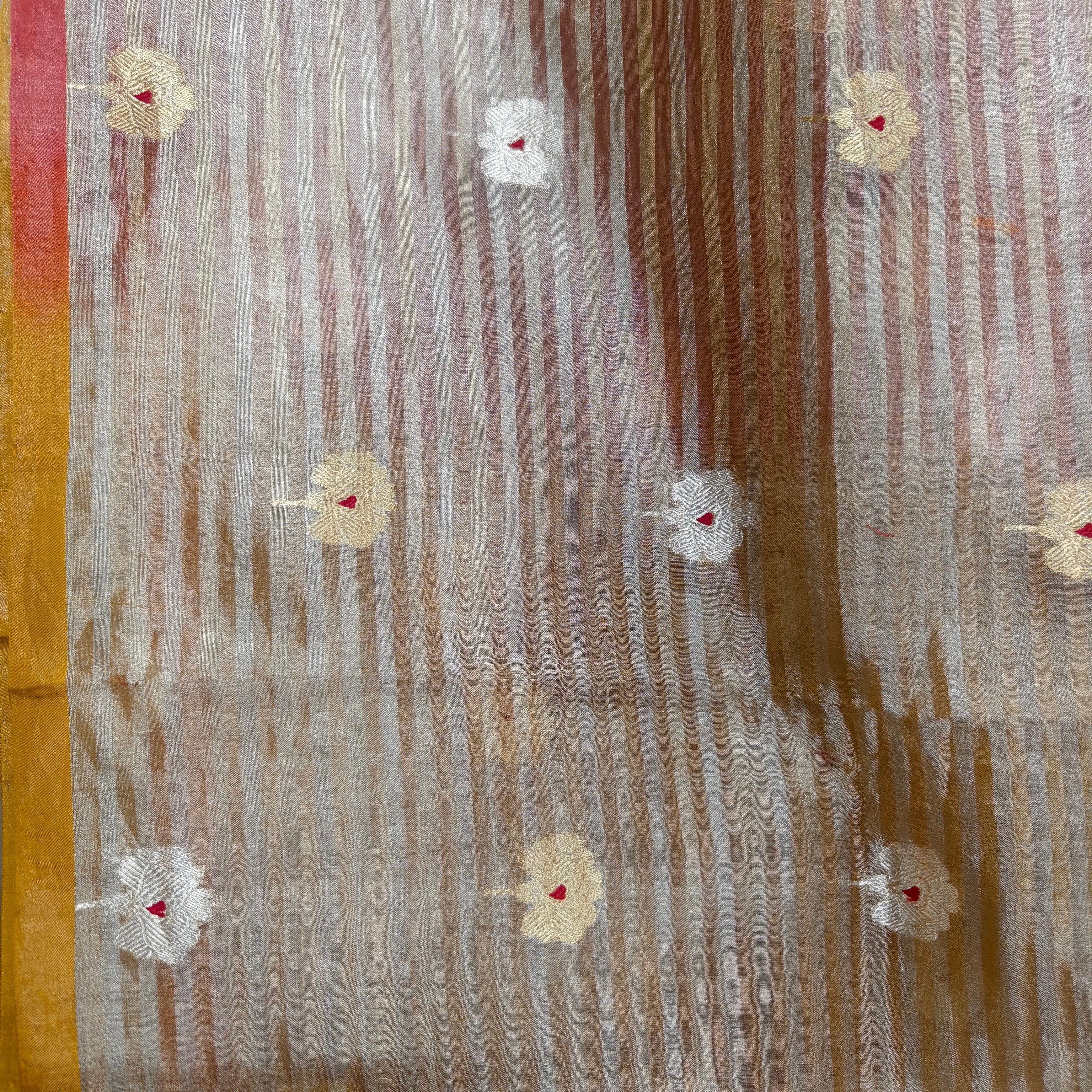 Red and yellow pure silk tissue saree with stripes