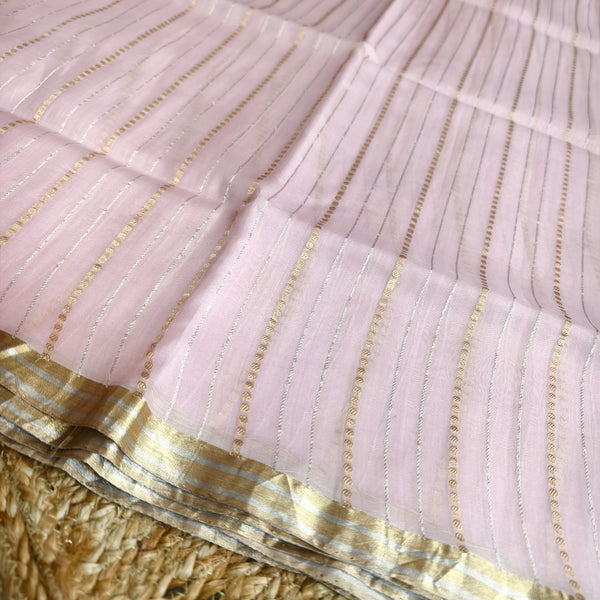 Baby pink silk organza with golden and silver zari stripes