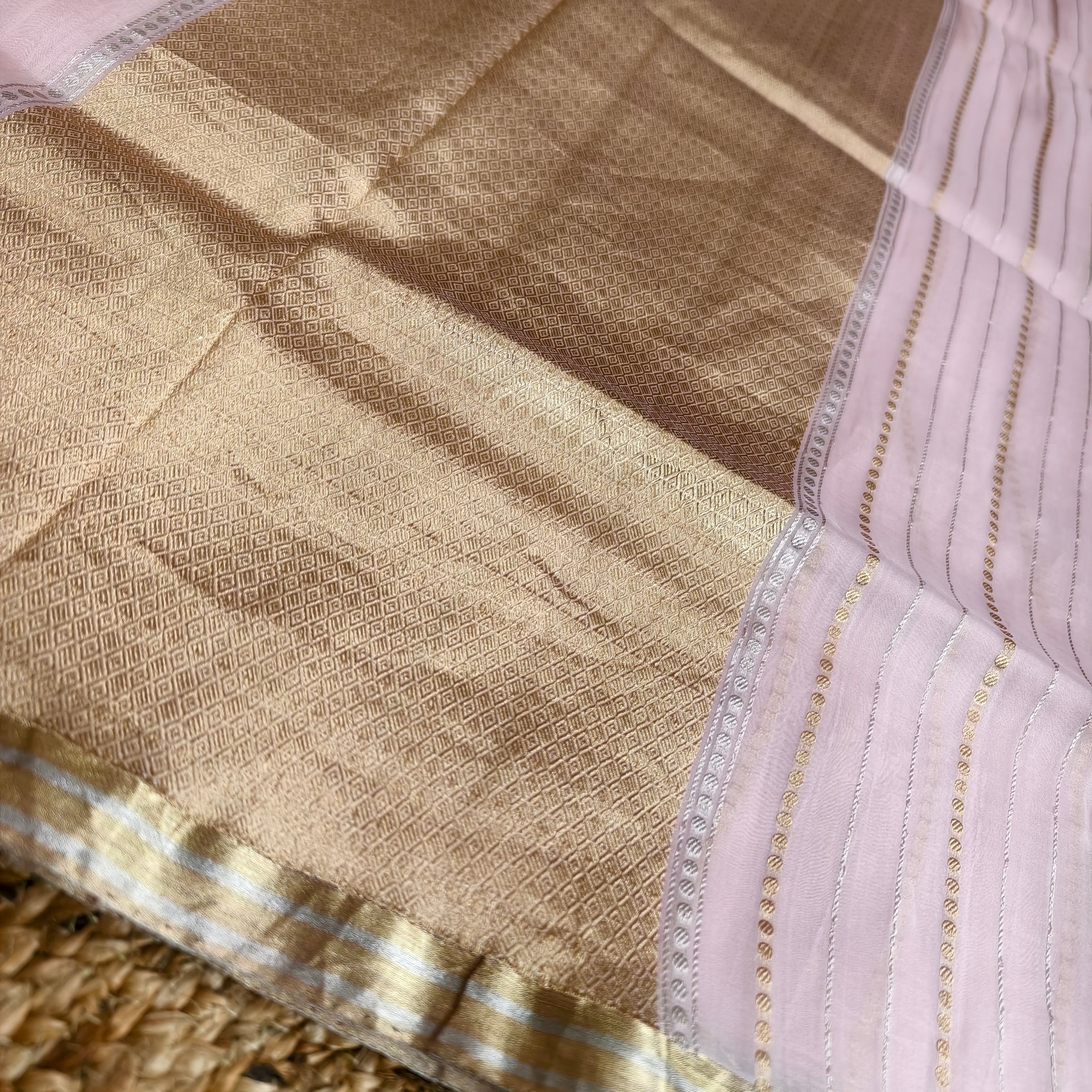 Baby pink silk organza with golden and silver zari stripes