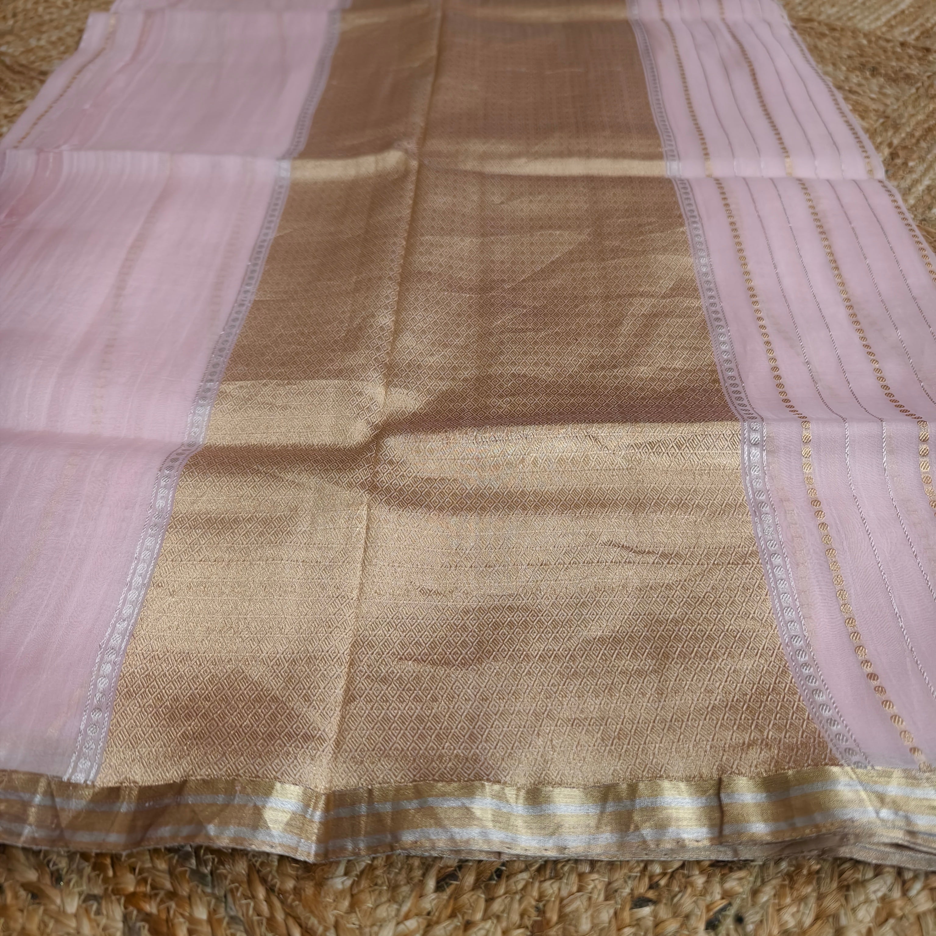 Baby pink silk organza with golden and silver zari stripes